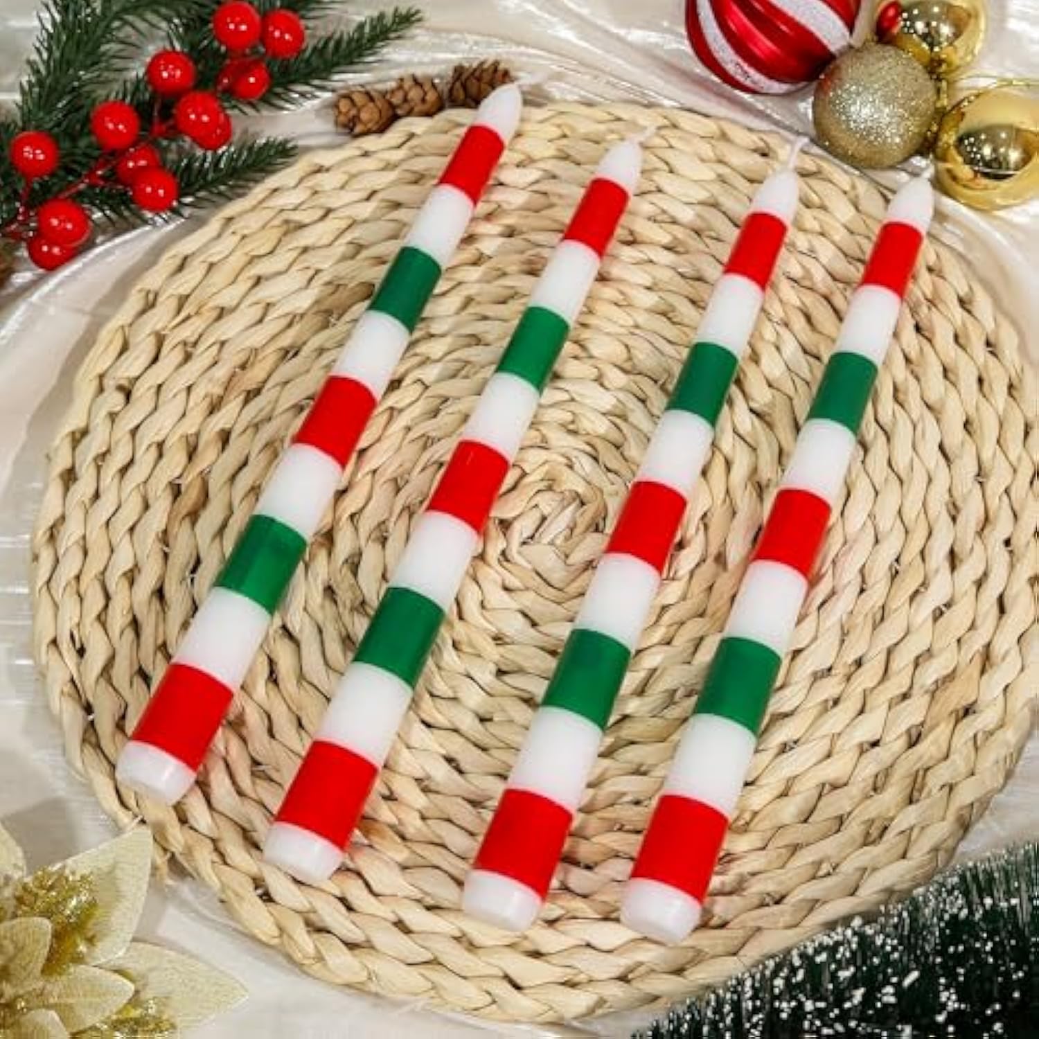 2 Pack Christmas Taper Candles, 10 Inch Unscented Candlesticks With Red And Green Stripe Design For Holiday Table Centerpiece, Fireplace Mantel, Winter Weddings, Advent Wreaths, Seasonal Decor