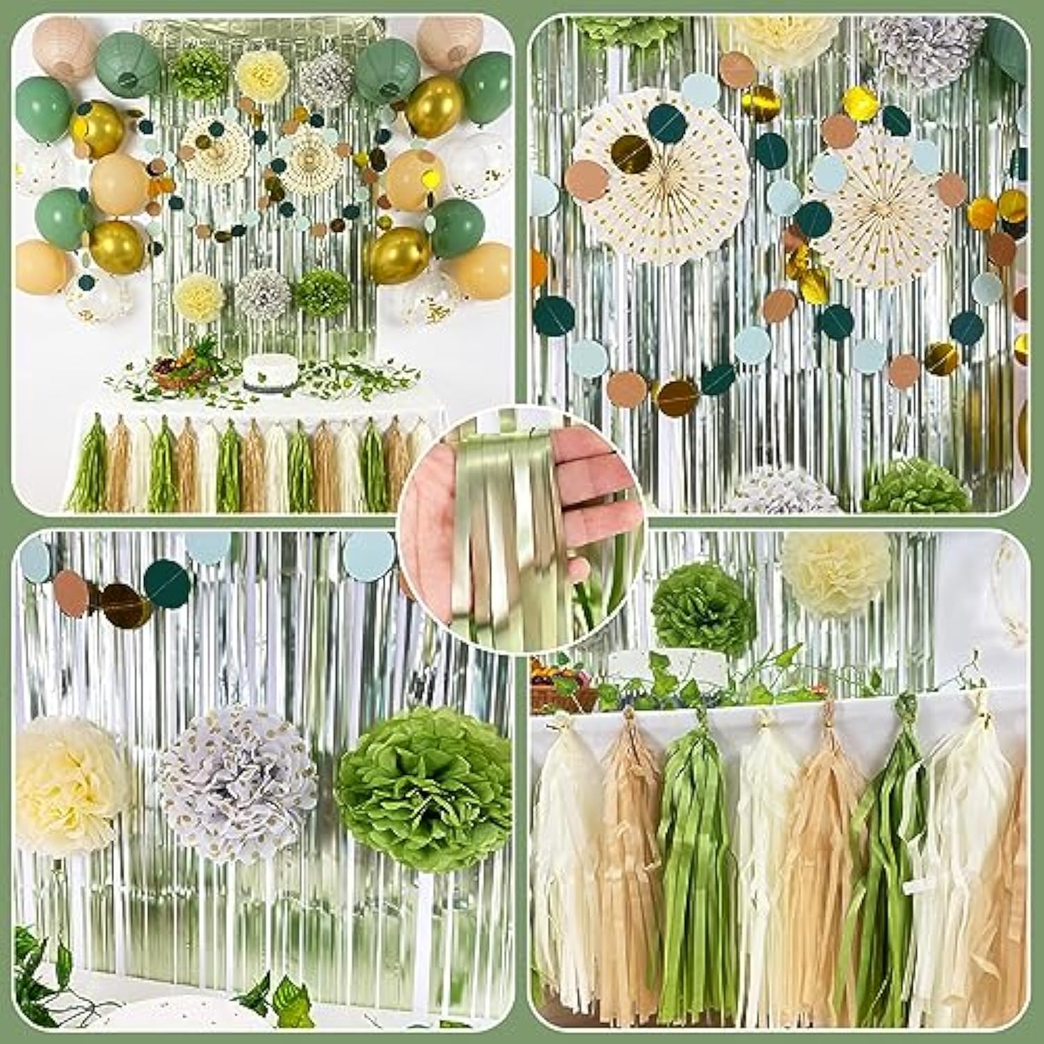 Sage Green Gold Party Decorations, 45Pcs Kit Balloons Paper Pompoms Tassel Garland Fringe Curtain for Wedding Bachelorette Baby Shower Birthday Party
