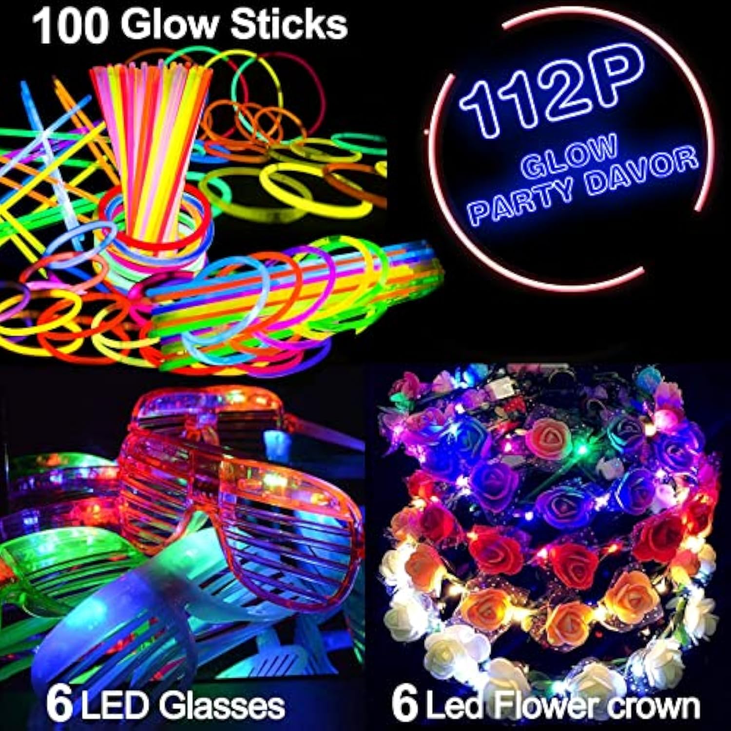 112pcs Glow Party Supplies Glow Sticks Headbands LED Glasses Necklaces
