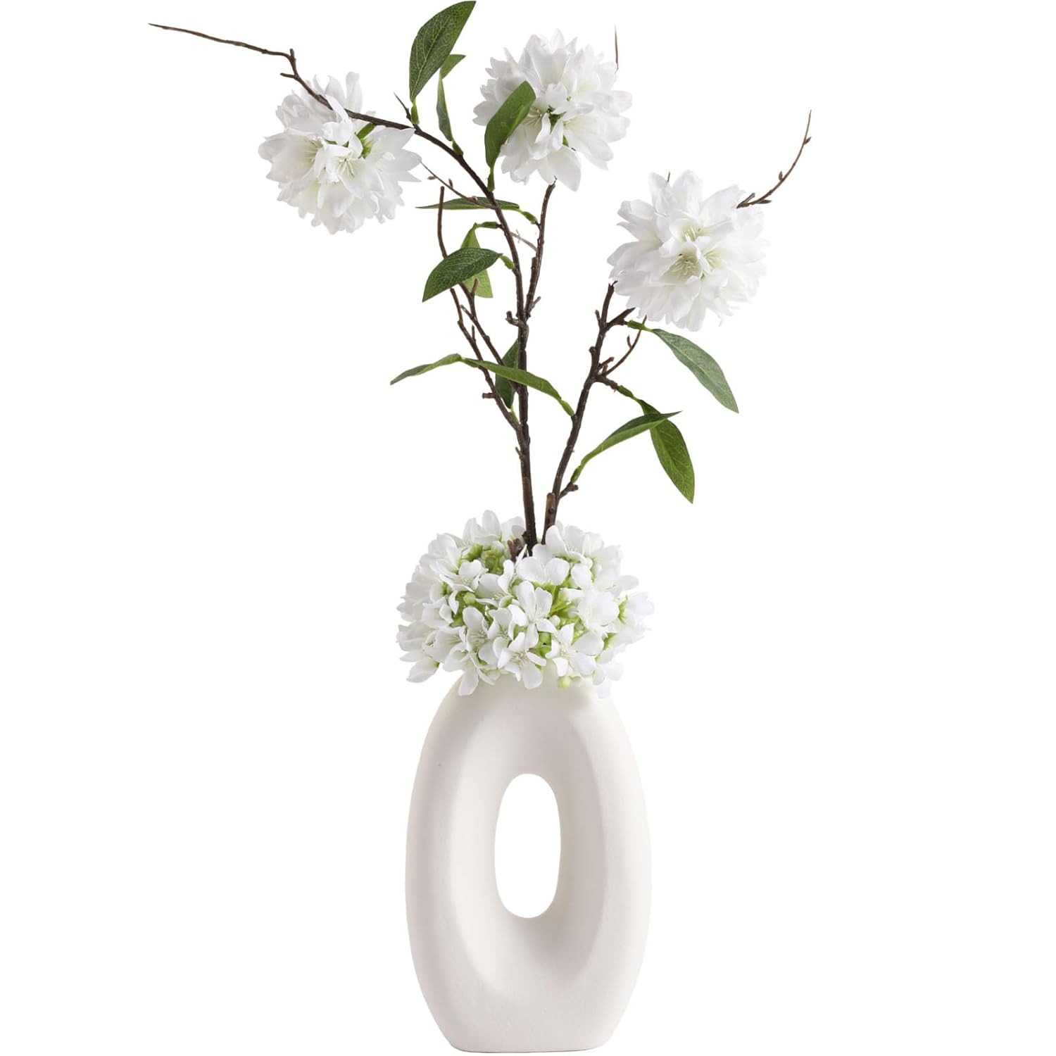 Fake Flower Bouquet And Vase Set, Faux Flower Arrangement For Decorating Living Room And Offices, Realistic Artificial Flowers Made Of Silk & Plastic, Floral Decoration With White Blossoms