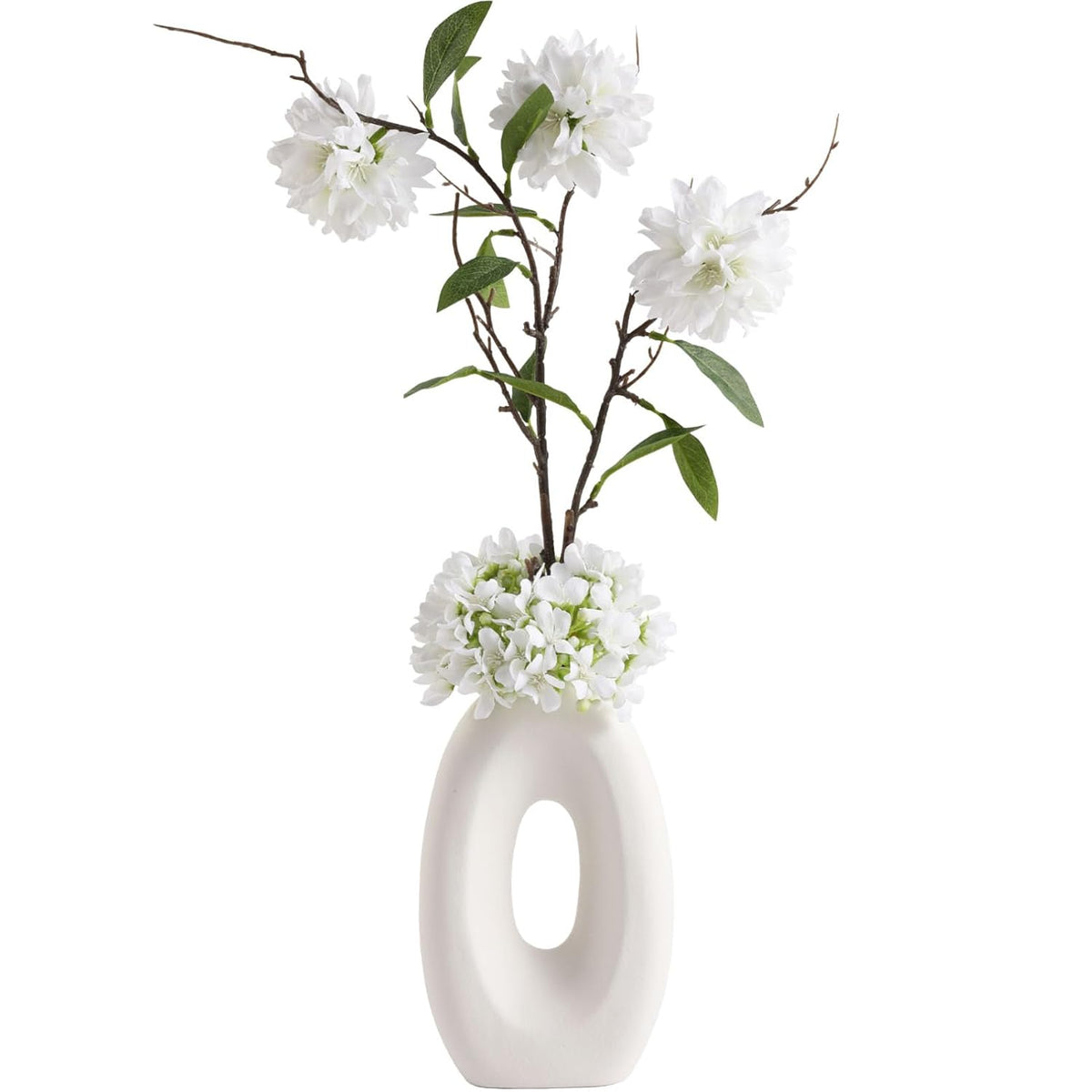 Fake Flower Bouquet And Vase Set, Faux Flower Arrangement For Decorating Living Room And Offices, Realistic Artificial Flowers Made Of Silk & Plastic, Floral Decoration With White Blossoms