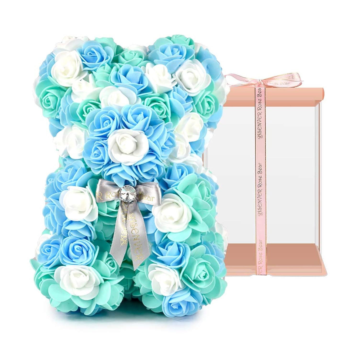 Hand Made Artificial Flowers Rose Bear Pure Color For Valentine Birthday And Mother'S Day With A 10" Pink Gift Box (Grey Bow-Tricolor Flower)