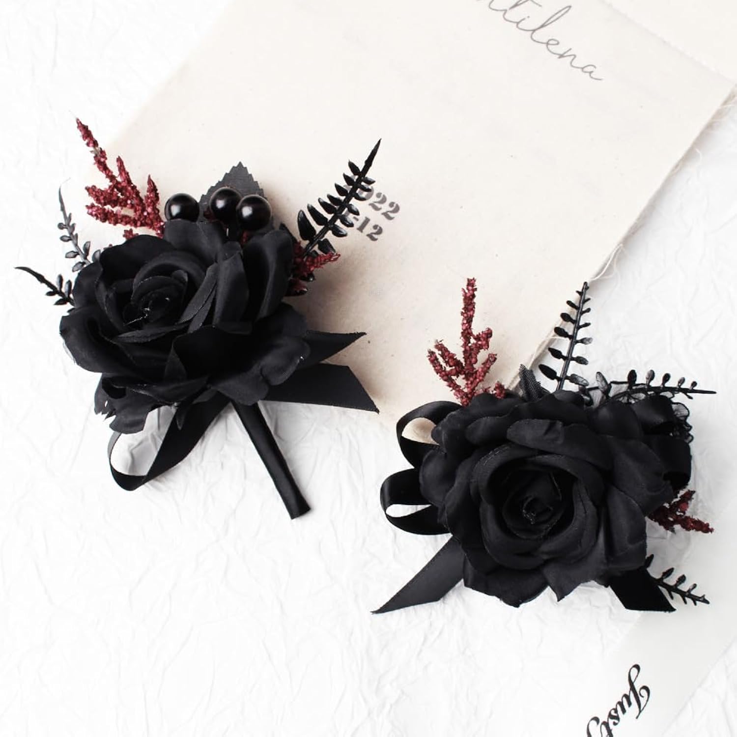 Black Wrist Corsage And Boutonniere Set For Wedding Artificial Flower Accessories Prom Party Decoration (Black)