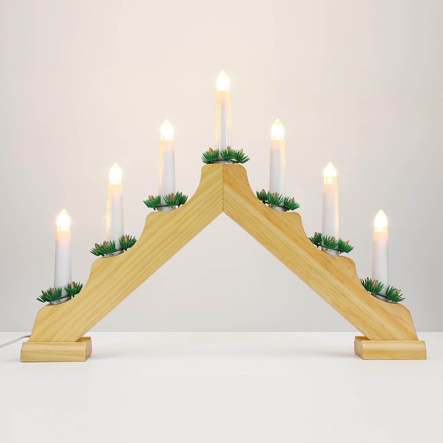 Christmas Swedish Candelabra, Electric Candles With 7 Flameless Taper Candles, Usb Powered Wooden Candle Bridge Light With Pine Needles, Decorative Xmas Candle Lights For Windows Wedding, Wood