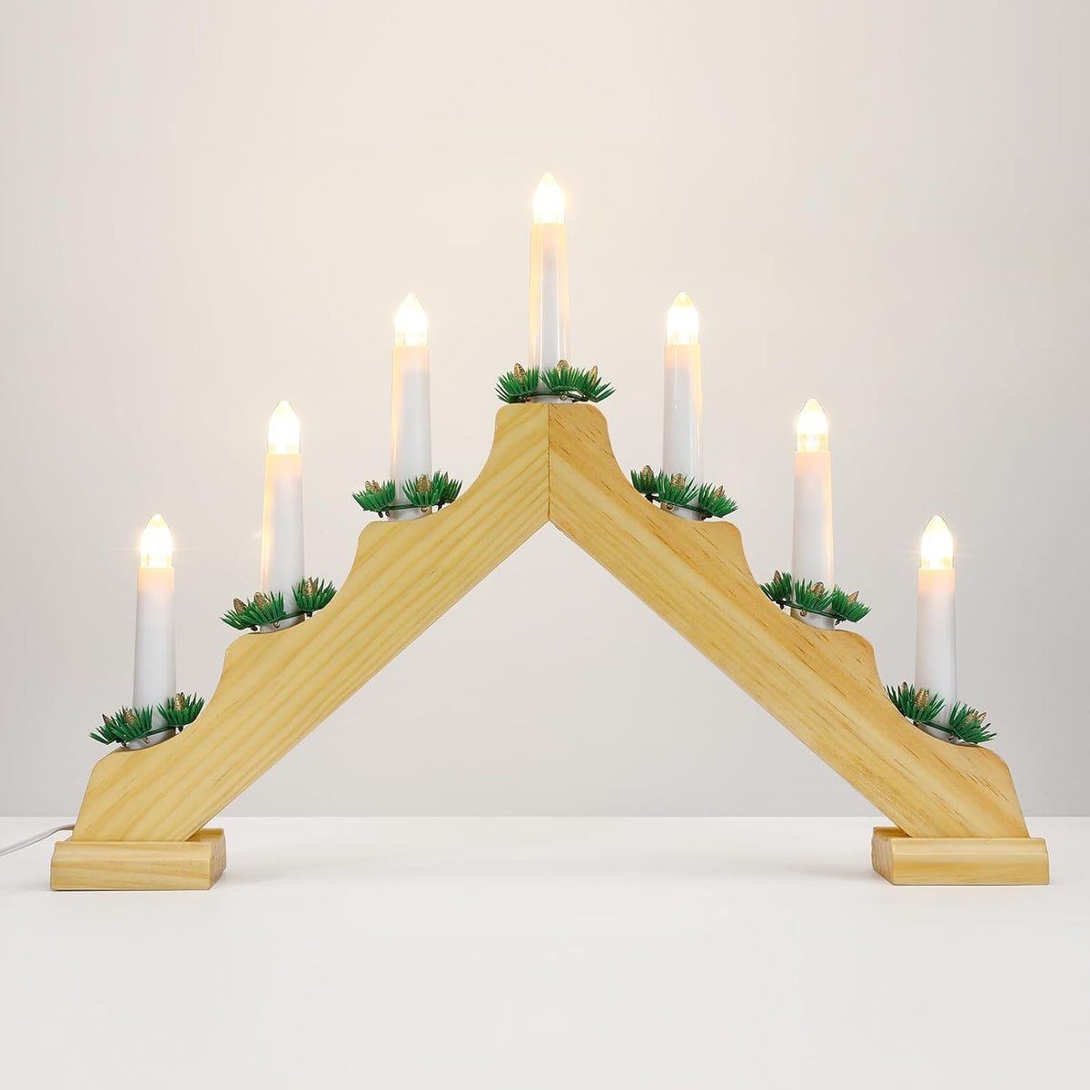 Christmas Swedish Candelabra, Electric Candles With 7 Flameless Taper Candles, Usb Powered Wooden Candle Bridge Light With Pine Needles, Decorative Xmas Candle Lights For Windows Wedding, Wood