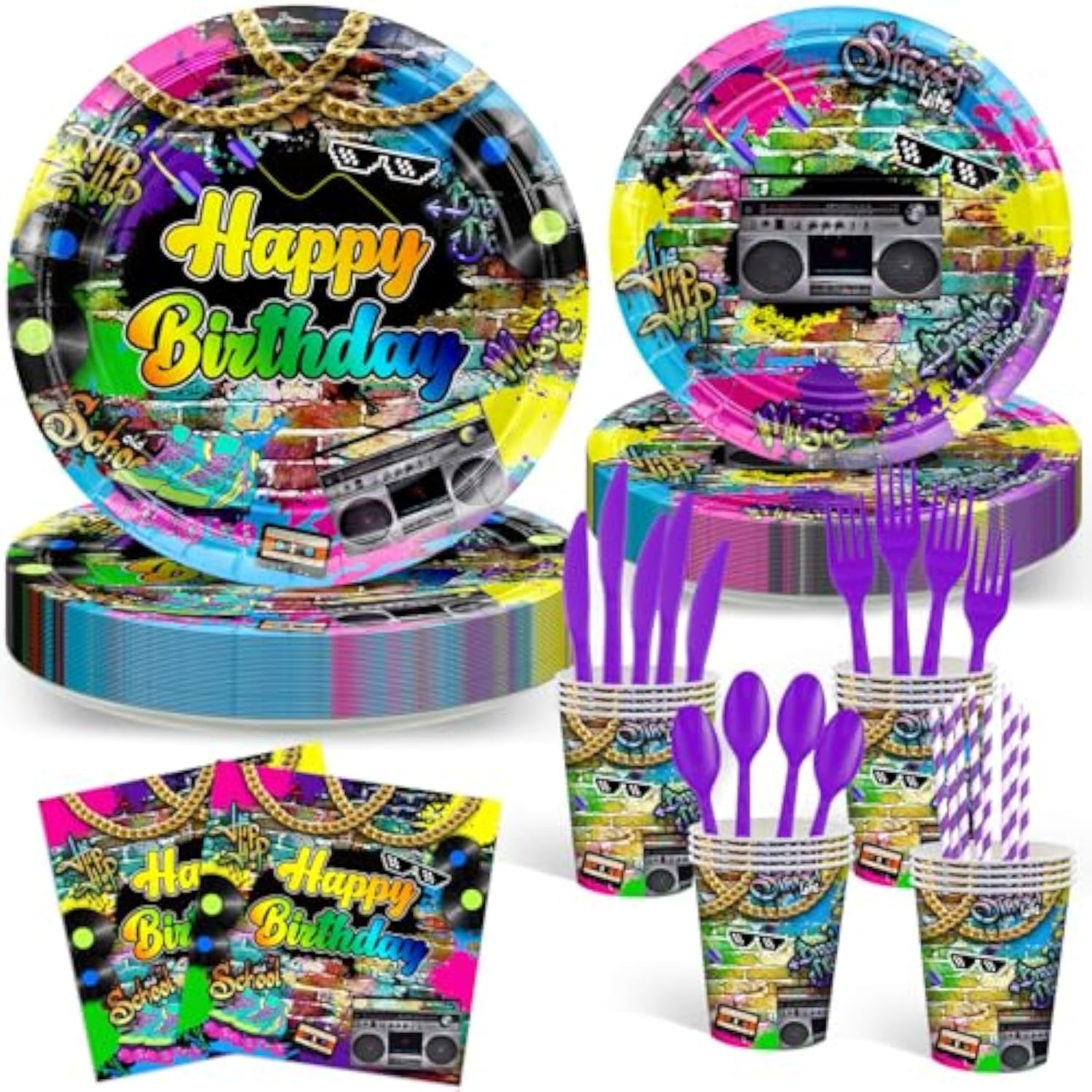 192 Pcs 80’S Party Tableware Set 80S Birthday Hip Hop Party Table Decorations Supplies Retro 80S Theme Paper Plates, Napkins, Cups And Plastic Cutlery For 24 Guests