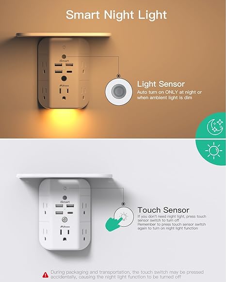Outlet Extender Surge Protector with Shelf 5 Outlets 4 USB Ports Night Light 1800J White