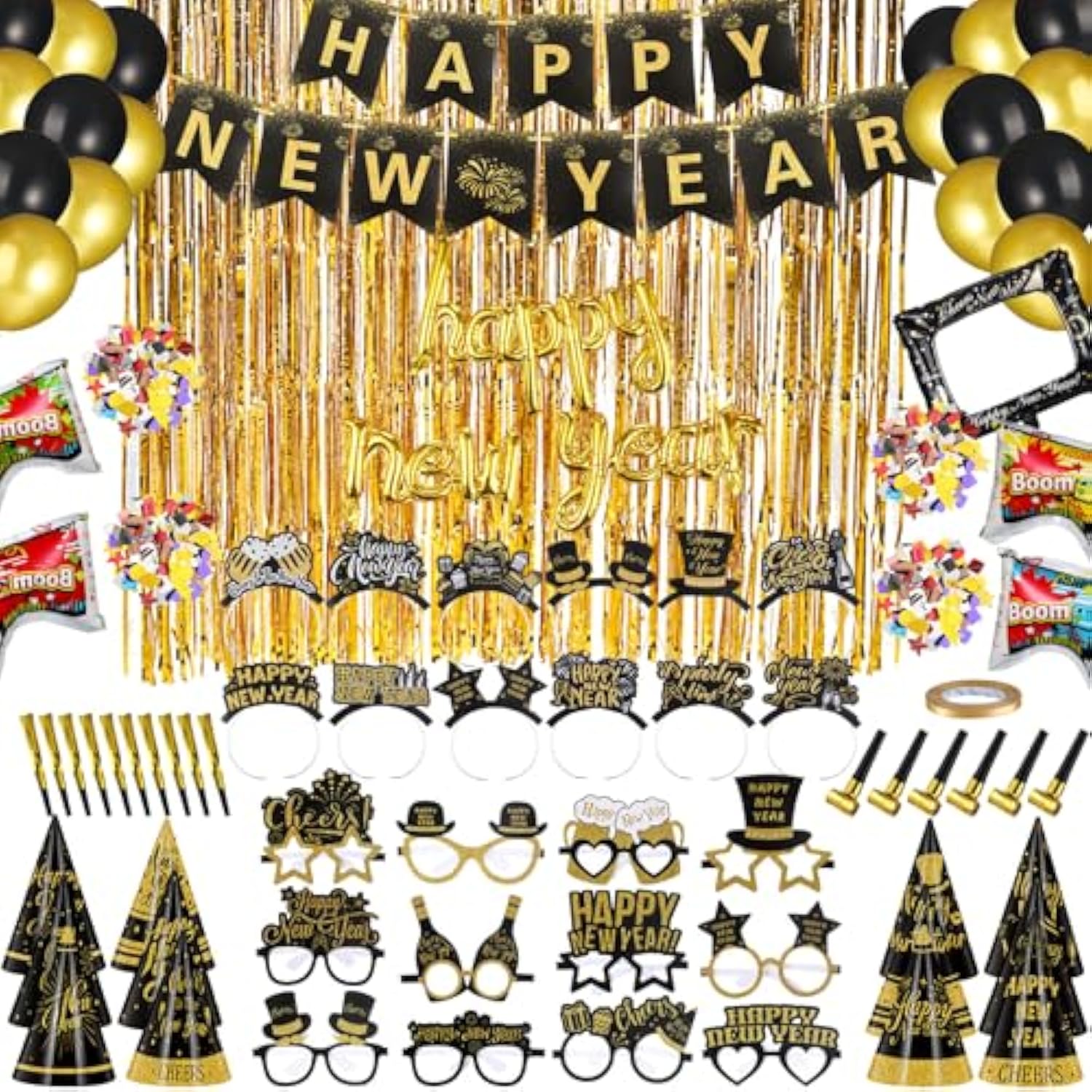 136 Pcs New Year 2026 Party Kit Hats Glasses Balloons Blowouts Banner