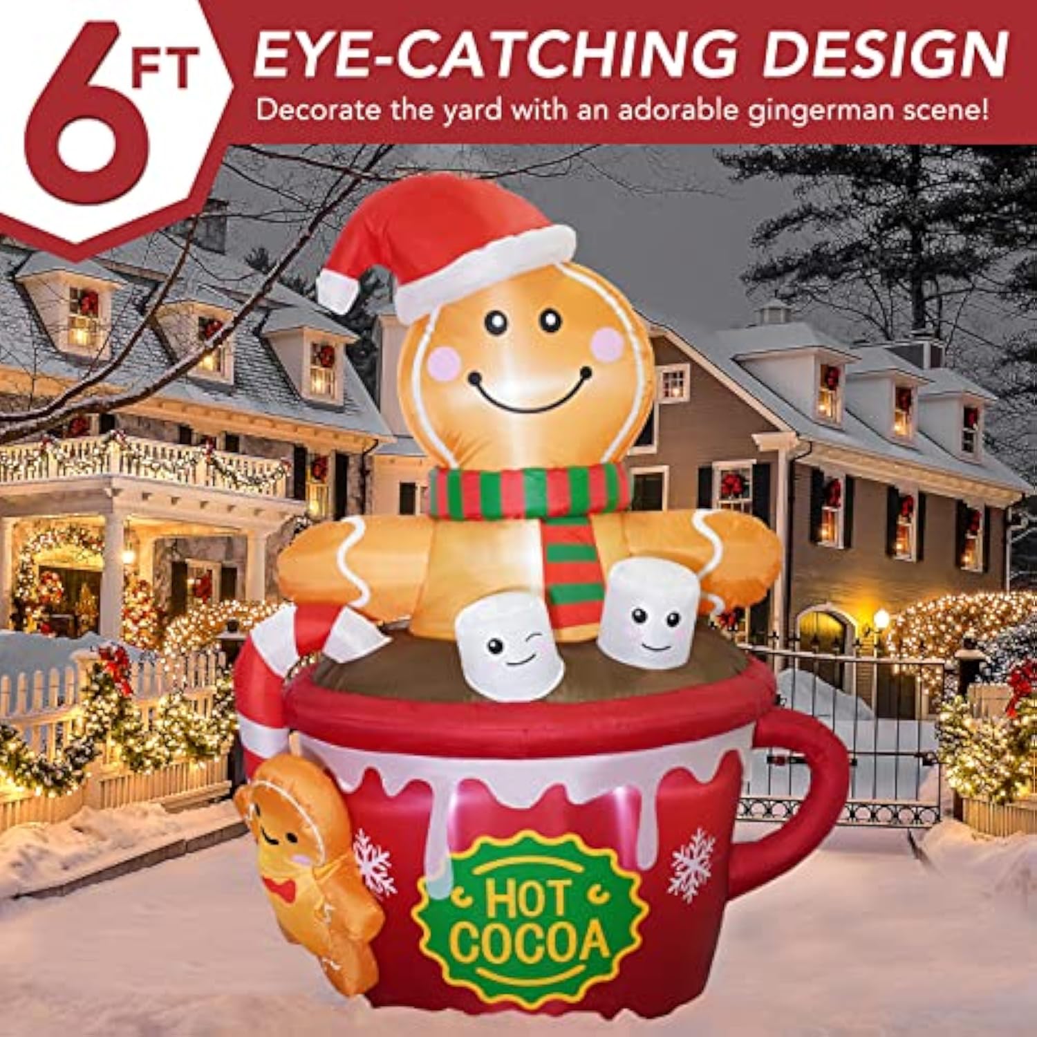6 Ft Christmas Inflatables Outdoor Decorations, Cute Christmas Blow Up Yard Decorations Gingerbread Man In Hot Cocoa Mug