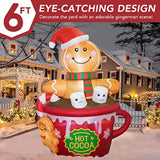 6 Ft Christmas Inflatables Outdoor Decorations, Cute Christmas Blow Up Yard Decorations Gingerbread Man In Hot Cocoa Mug
