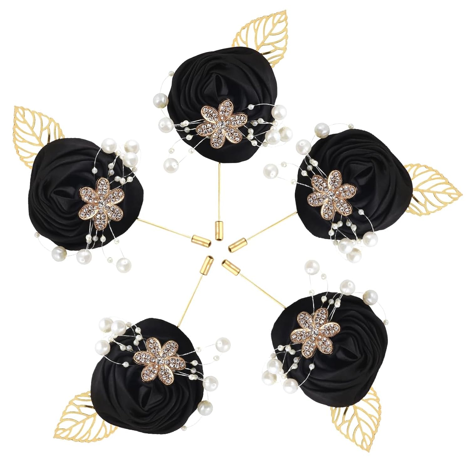 Female Men'S Artificial Boutonniere 5Pcs Gold Leaf Faux Silk Imitation Rose Corsage For Décor/Weddings/Balls/Ceremonies/Anniversaries,Etc. (Black)