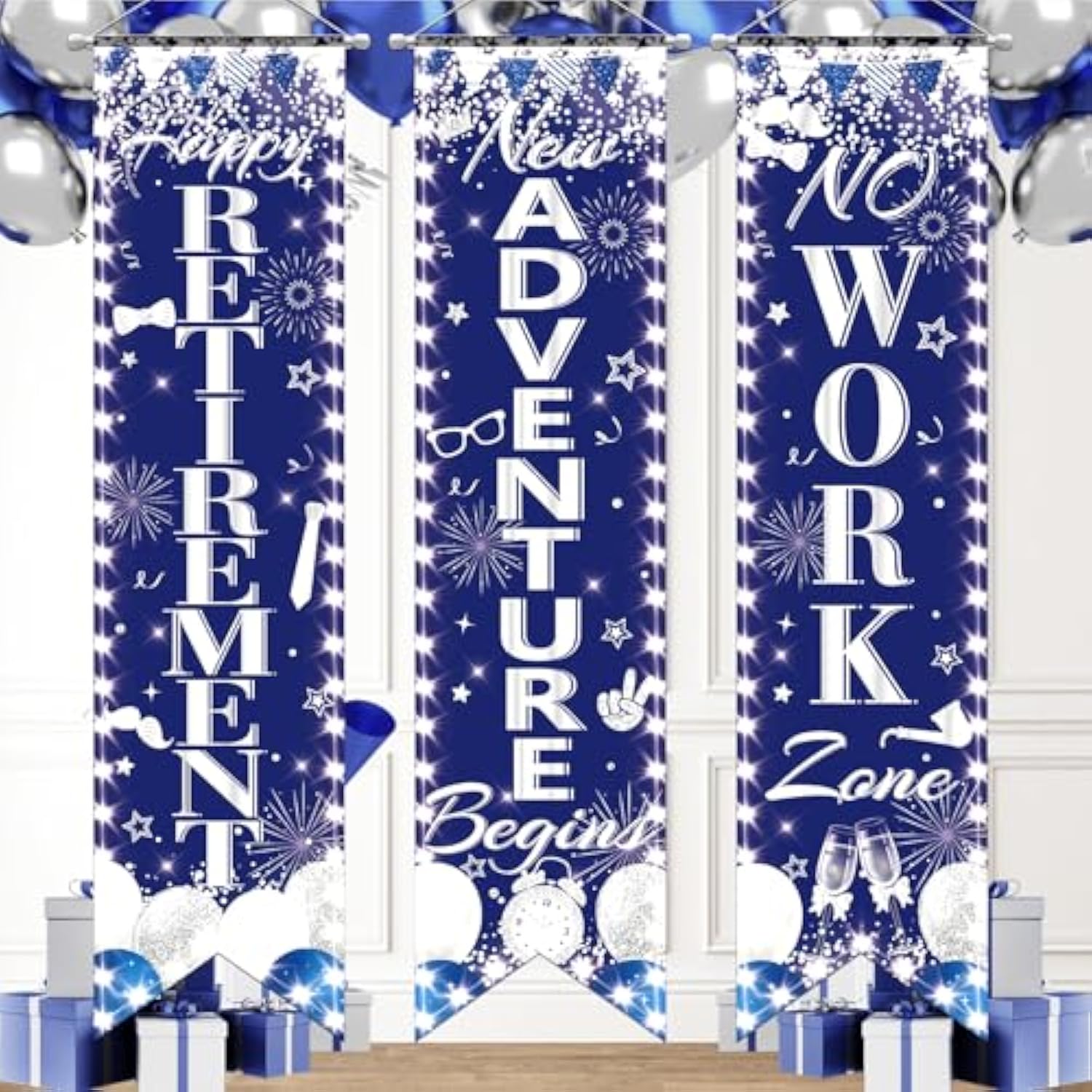 3 Pc Retirement Porch Door Banner Blue Silver Party Decoration