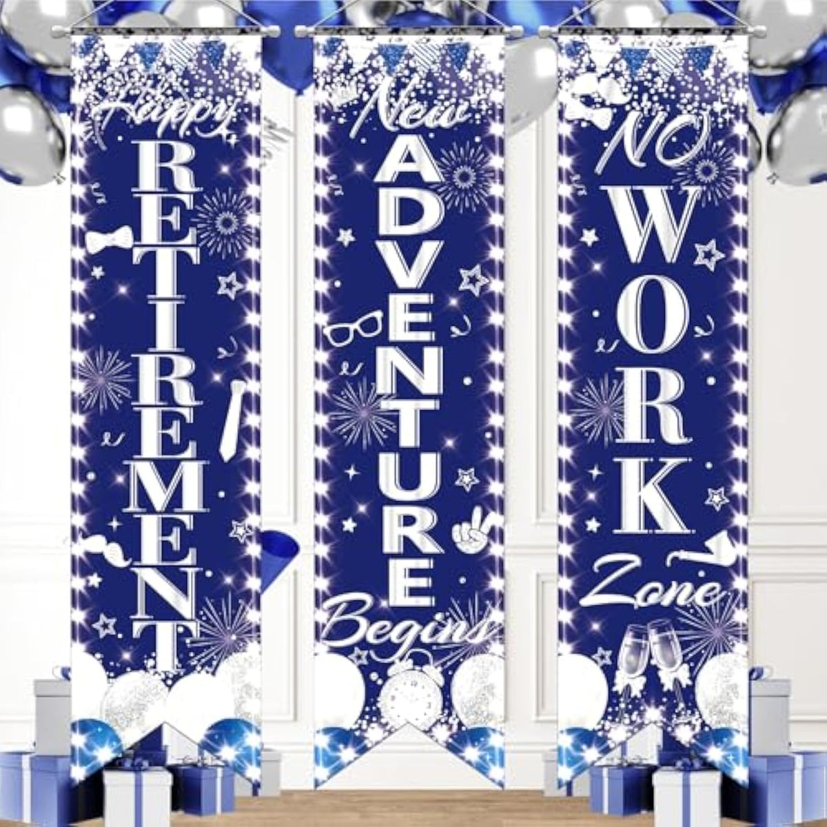 3 Pc Retirement Porch Door Banner Blue Silver Party Decoration