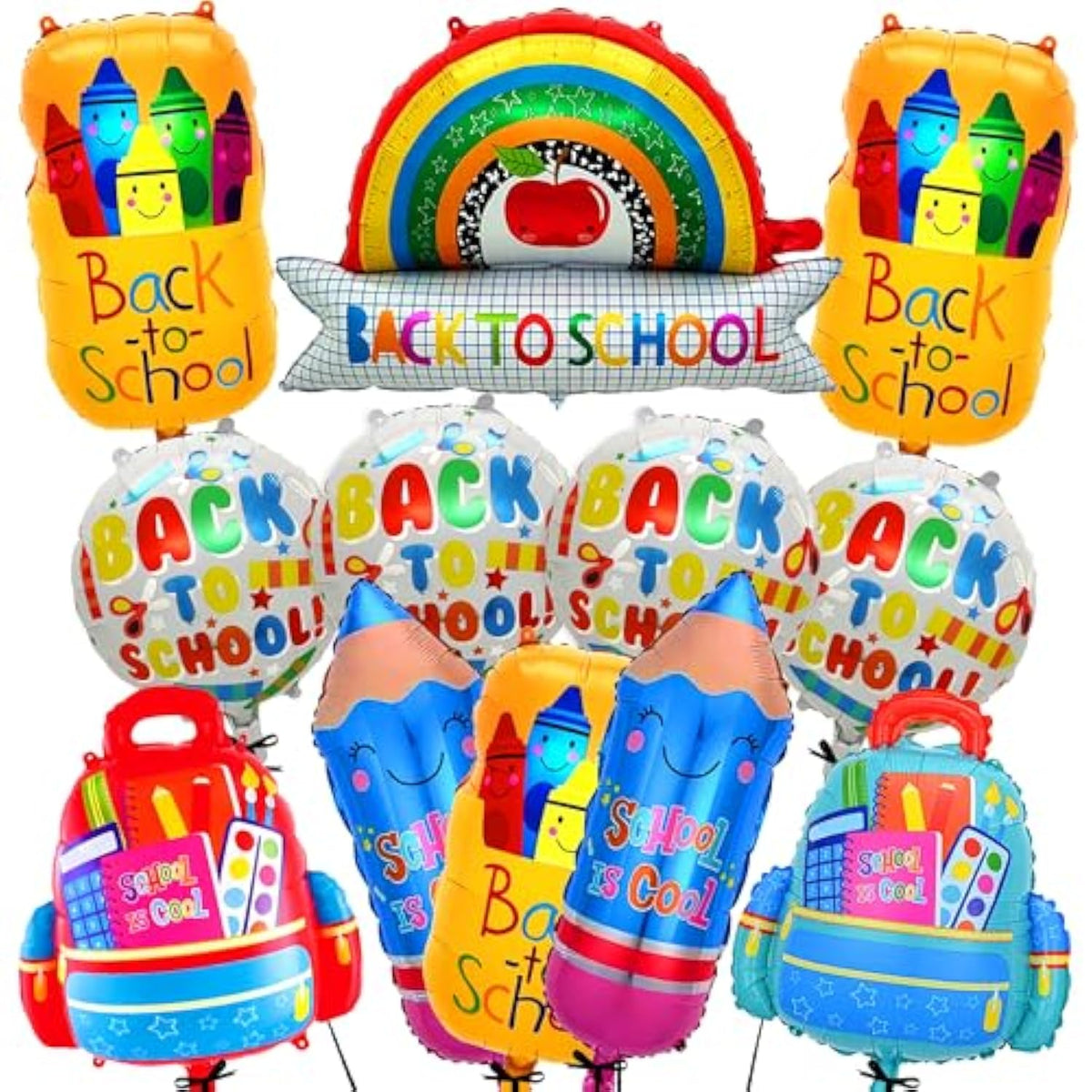Big, Back To School Balloons - Pack Of 12 | Rainbow Balloons, Bag Balloon, 4 Pieces 18 Inch Round And 4 Pencil Balloon, Welcome Back To School Decorations For Classrooms, Home, Office