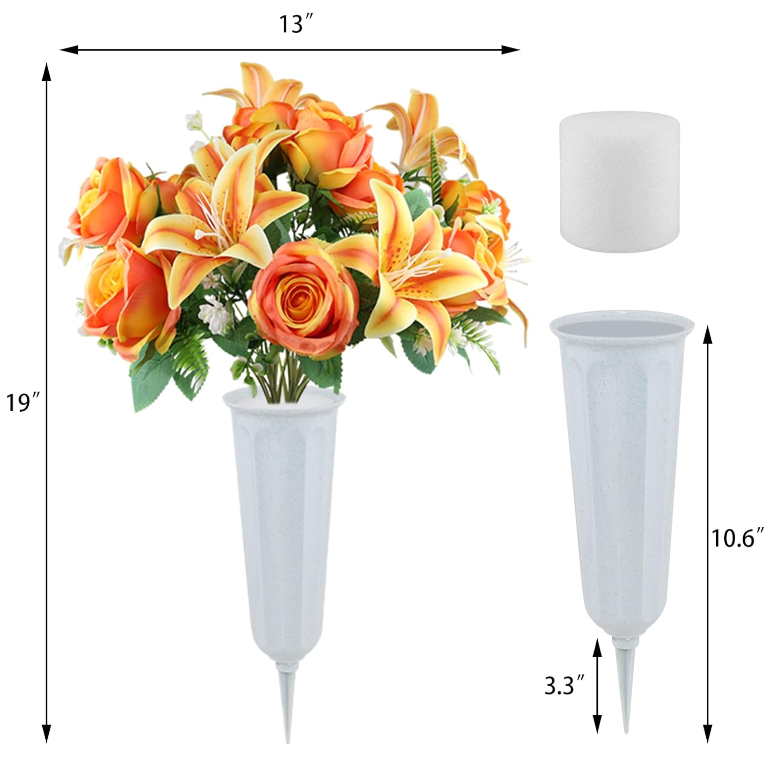 2 Set Artificial Cemetery Flowers With Grave Vase-2 Bunches Lilies & Rose Mixed Orangish Yellow Silk Memorial Flowers-2 Cemetry Vase With Foam For Outdoor Headstones Gravesite Graveyard Decorations