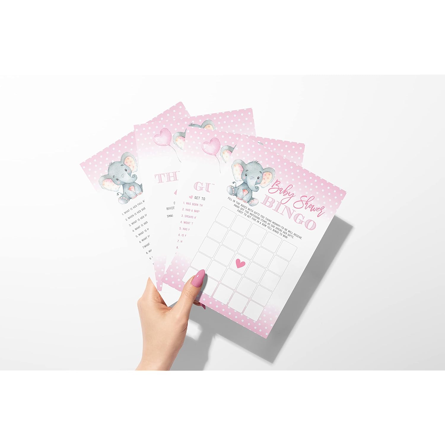 Elephant Girl Baby Shower Games - Bingo, Find The Guest, The Price Is Right, Who Knows Mommy Best - 25 Games Each, Printed Front And Back, 1 Game Per Side