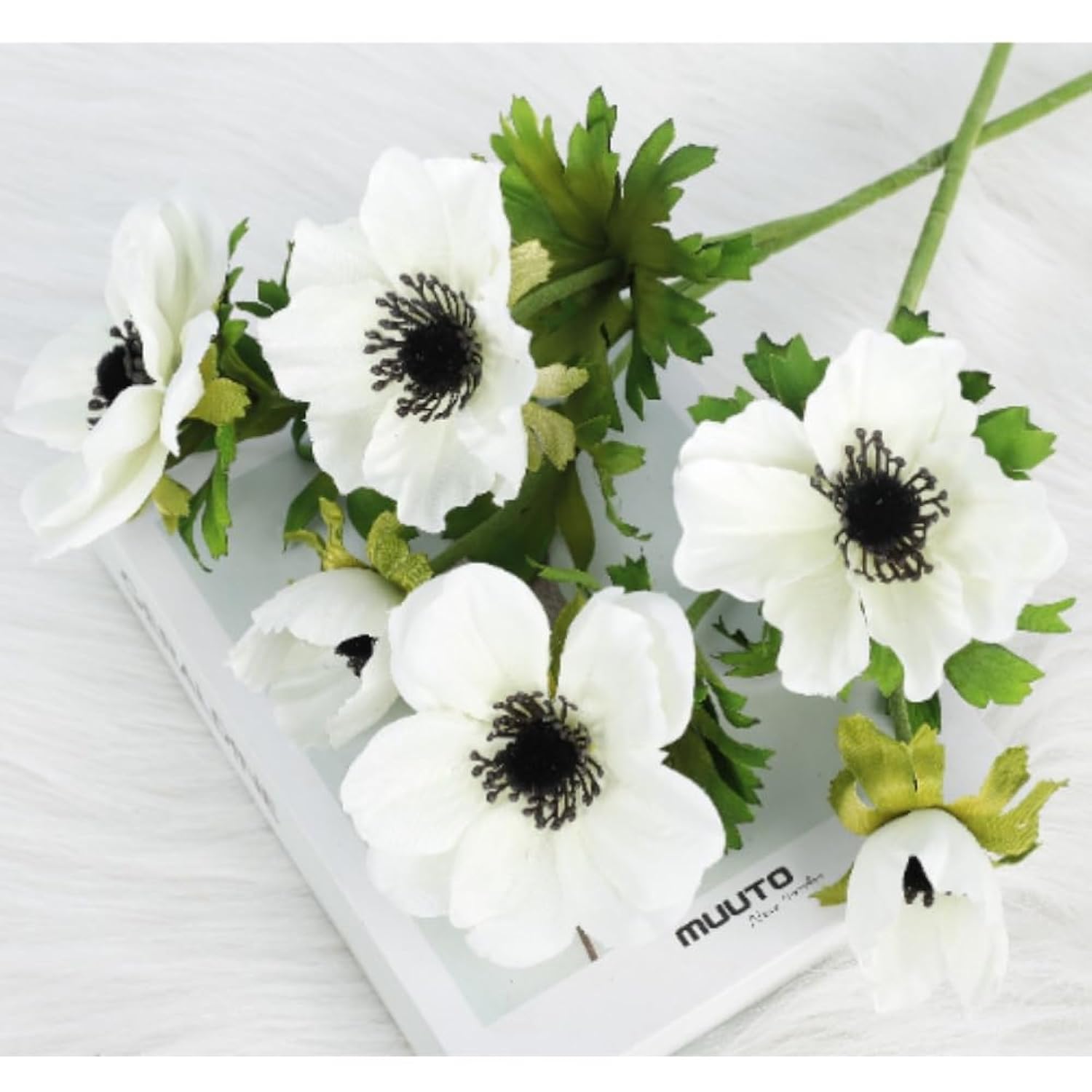 White Artificial Anemone Flowers 21.6" Faux Flowers Silk Flowers With Stems Realistic Fake Flowers For Decoration Faux Anemone Artificial Flowers Bulk Fo Home Wedding Bouquet 3Pack