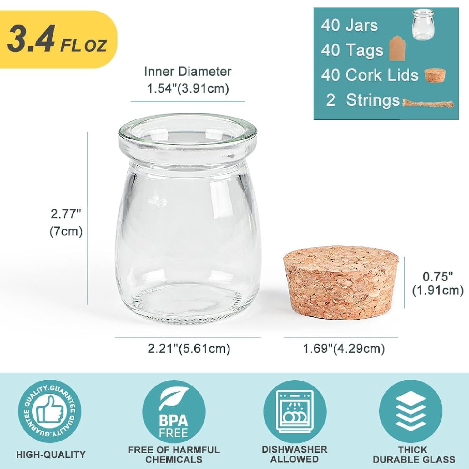 40 Pack Glass Favor Jars With Cork Lid, 3.4 Oz Small Glass Bottles For Wedding Favor, Baby Shower, Party Favor, Gift Jars For Candy, Bonus Twine And Labels