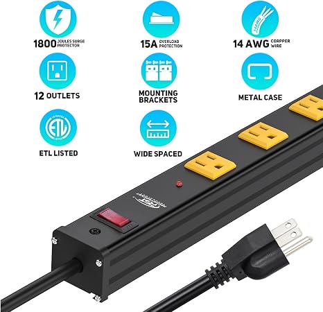 12 Outlet Long Heavy Duty Metal Power Strip with Multi Plug Outlets