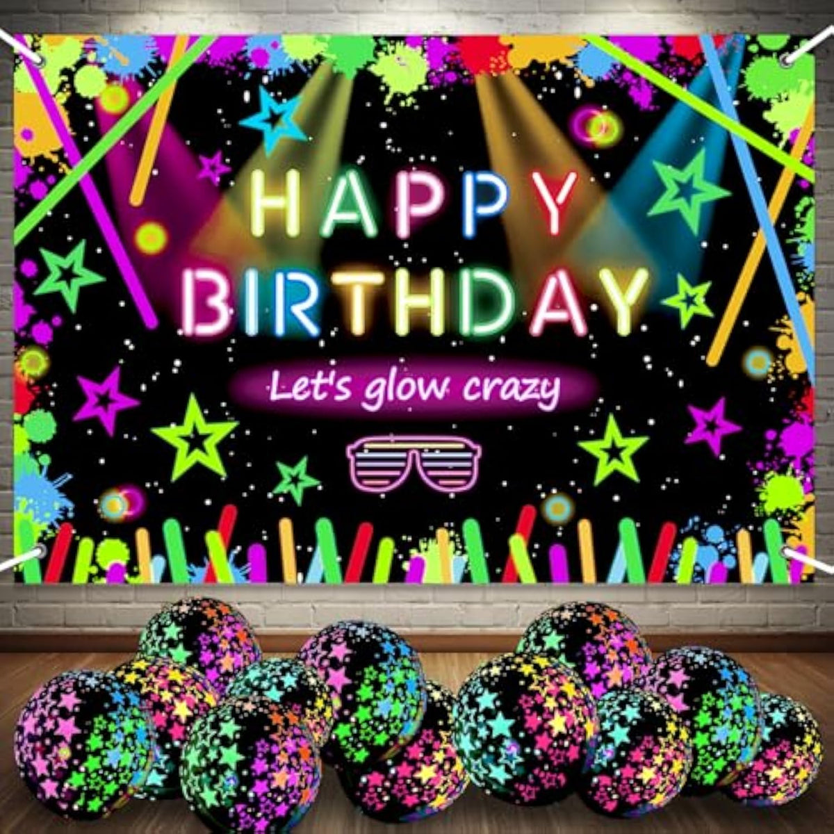 Glow Neon Party Decorations Supplies Backdrop 5.9 X 3.6Ft Glow In The Dark Let'S Glow Crazy Banner Glow Theme Birthday Background With 18 Balloons Sleppover Party Supplies Photography Photoshoot Props