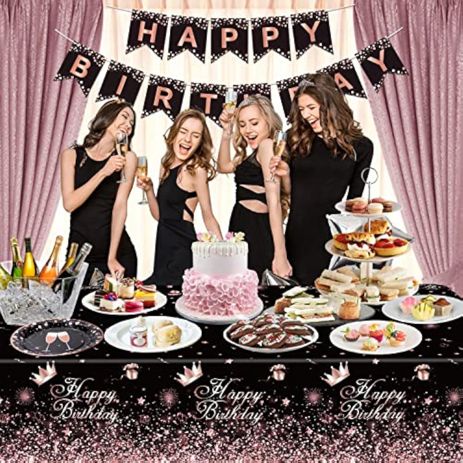 Black Rose Gold Plastic Tablecloth (Pack Of 4), 86 X 51 Inches Party Tablecovers For Black Rose Gold Theme Birthday Party Supplies