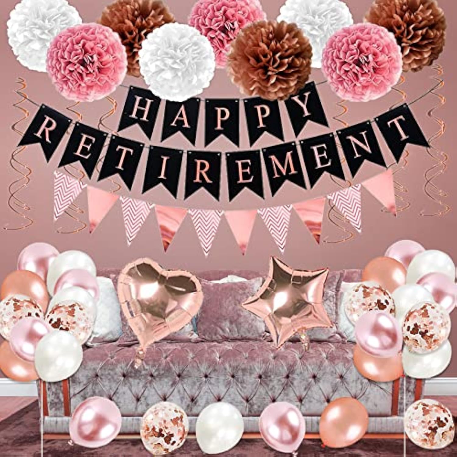 Rose Gold Retirement Party Decorations 63 Pcs Banner Swirls Balloons Cake Toppers