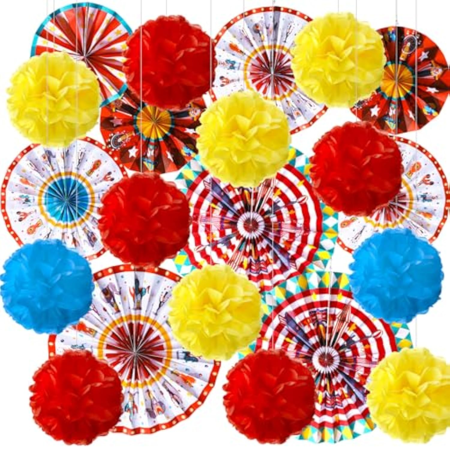 21 Pcs Carnival Party Decorations With Circus Hanging Paper Fans Red Yellow Blue Paper Pom Poms Tissue Flowers For Ceiling Wall Carnival Circus Theme Birthday Baby Shower Party Favors Supplies