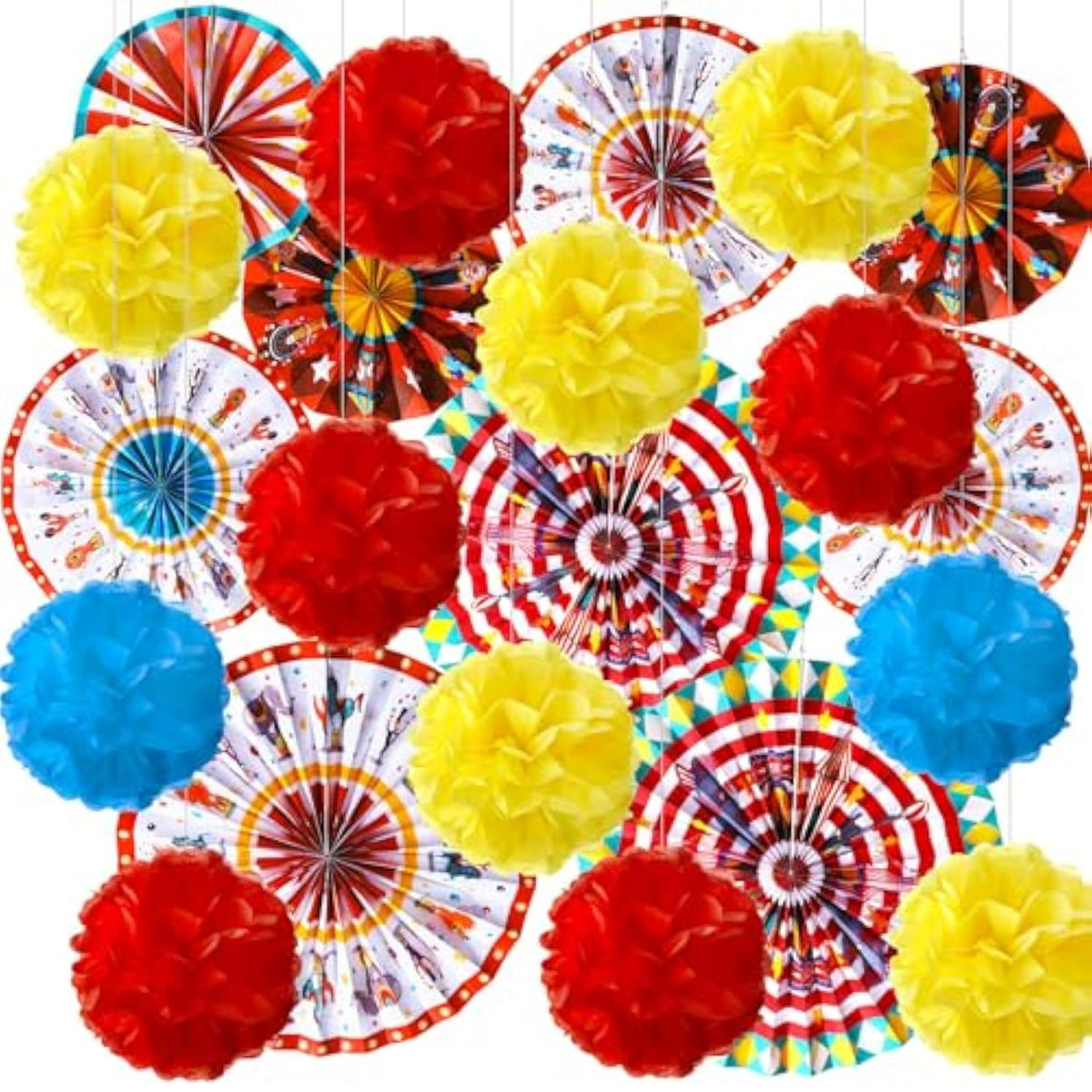 21 Pcs Carnival Party Decorations With Circus Hanging Paper Fans Red Yellow Blue Paper Pom Poms Tissue Flowers For Ceiling Wall Carnival Circus Theme Birthday Baby Shower Party Favors Supplies