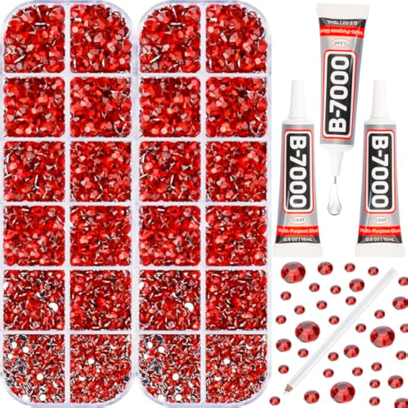 11000Pcs Red Rhinestones With B7000 Glue For Crafts Clothing Clothes Nails Crafting Shoes Tumblers Tshirt, Rinestones Flatback Gems Flat Back Crystals Diamonds 2-5Mm Assorted Mixed Sizes