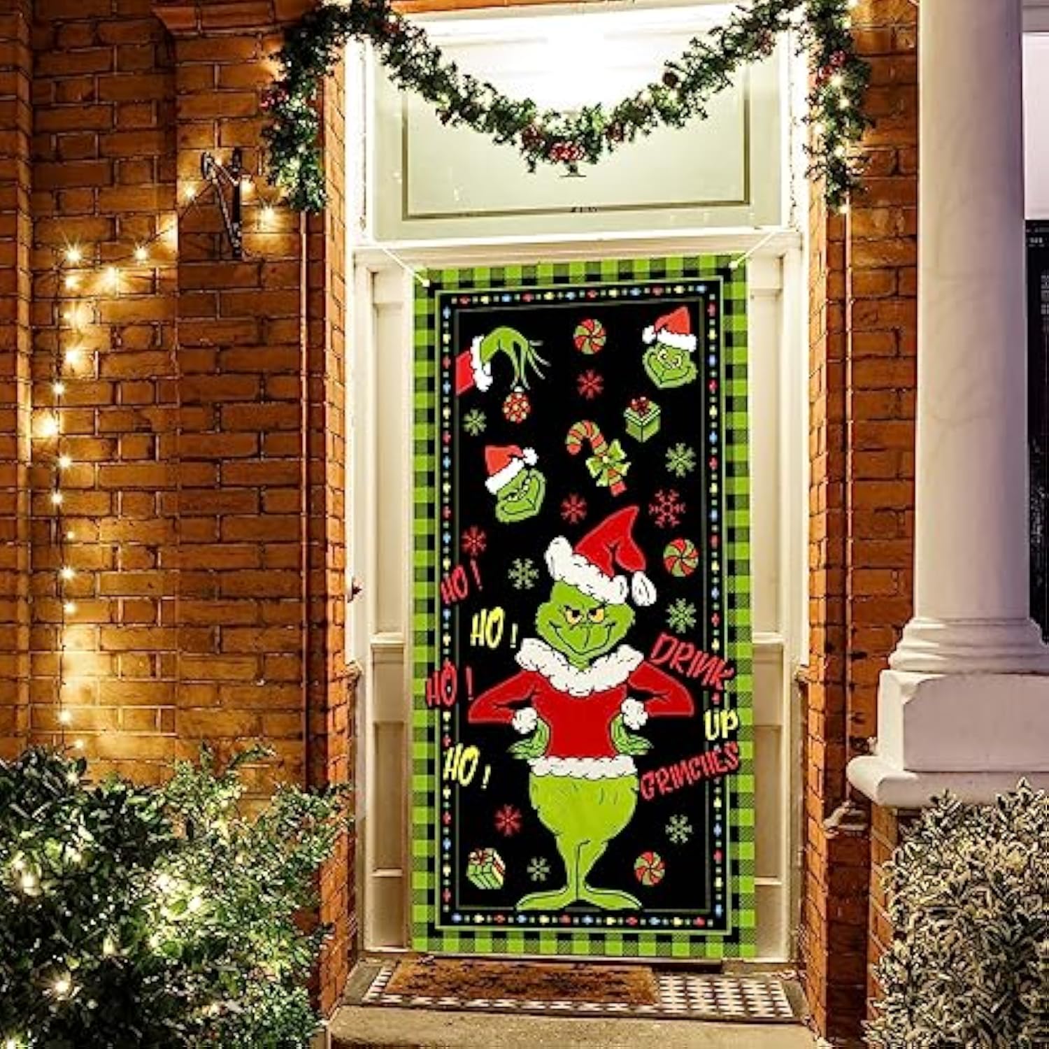 Green Christmas Decorations Door Cover Merry Christmas Door Cover 6 X 3Ft Black Buffalo Grid Flag Photography Banner Christmas Xmas Winter Holiday Home Kitchen