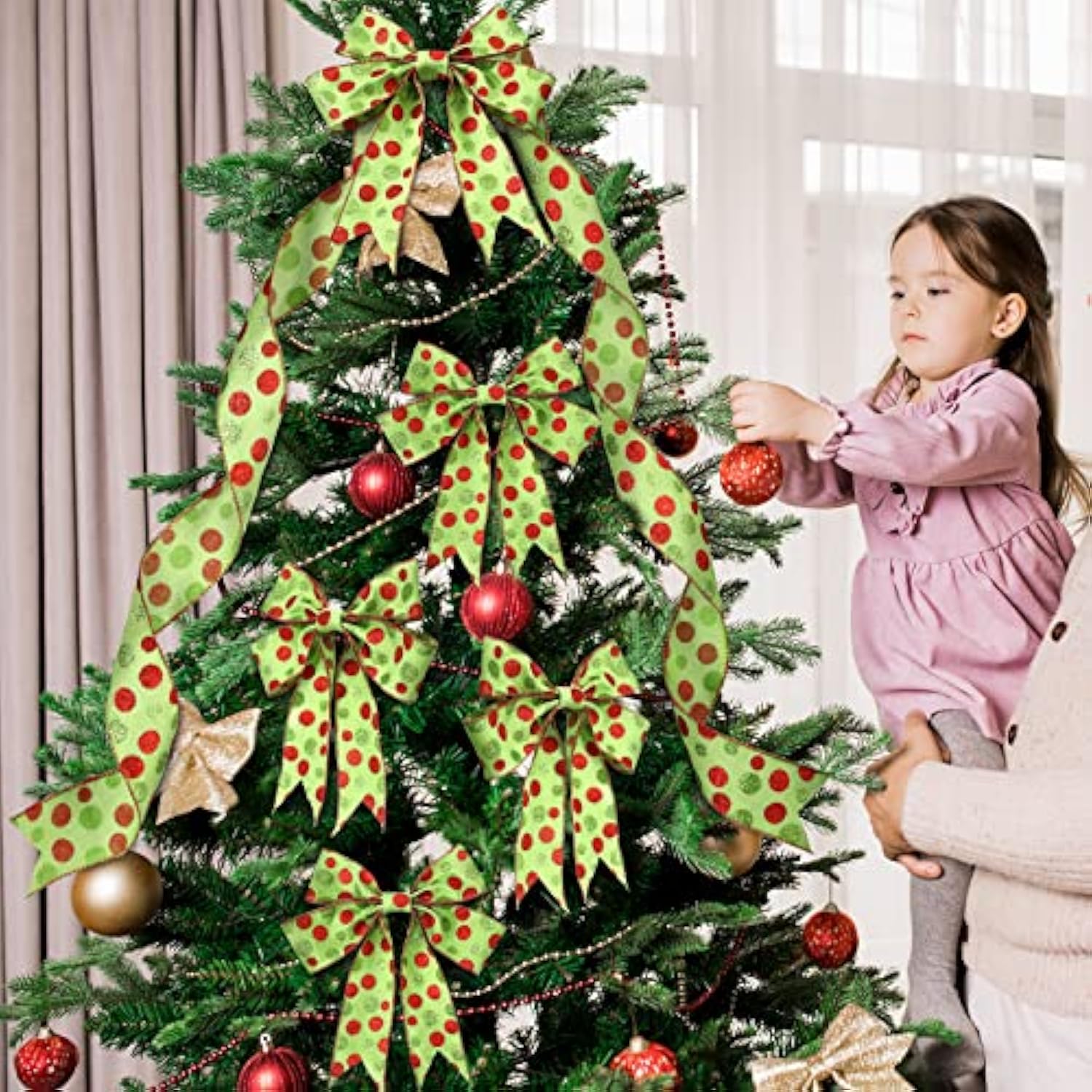 2 Rolls Christmas Glitter Dot Wired Edge Ribbons Green Red Dot Ribbons