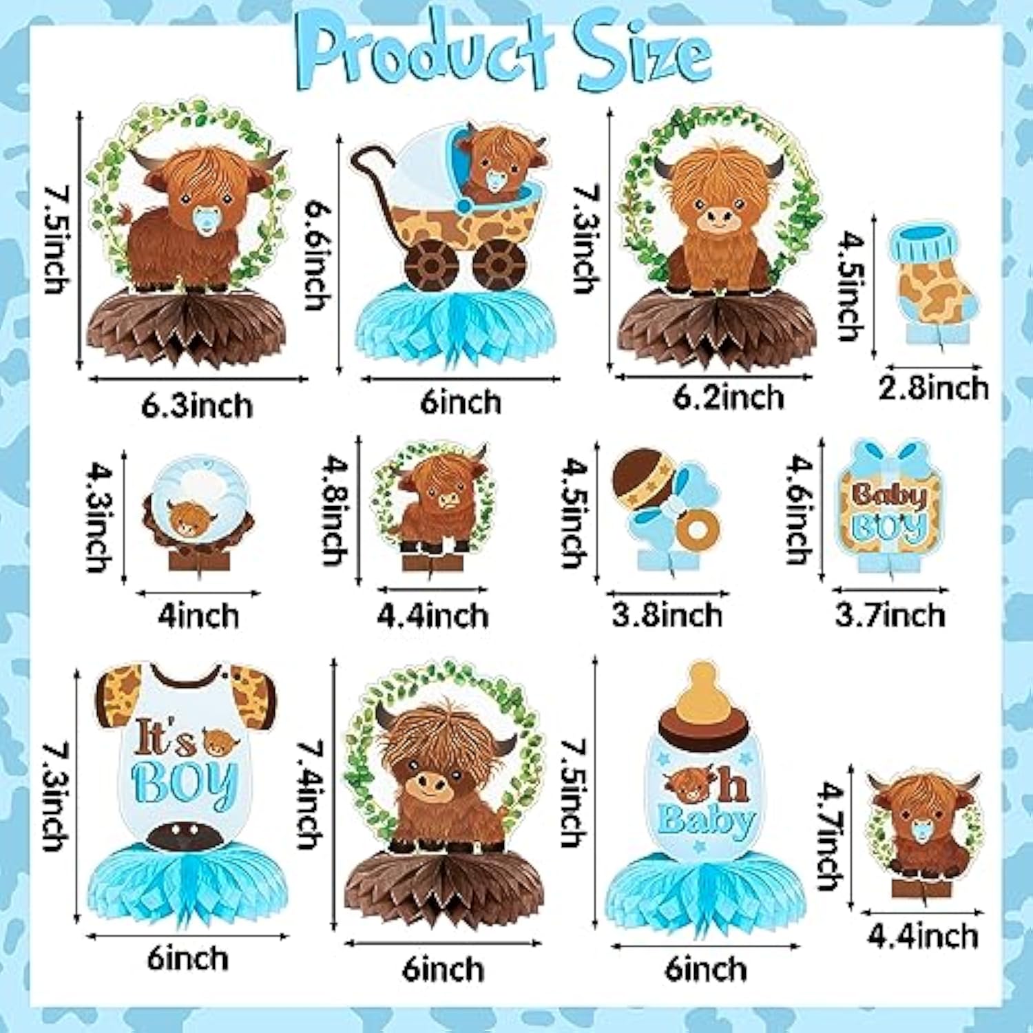 12Pcs Greenery Highland Cow Honeycomb Centerpieces Blue Highland Cattl