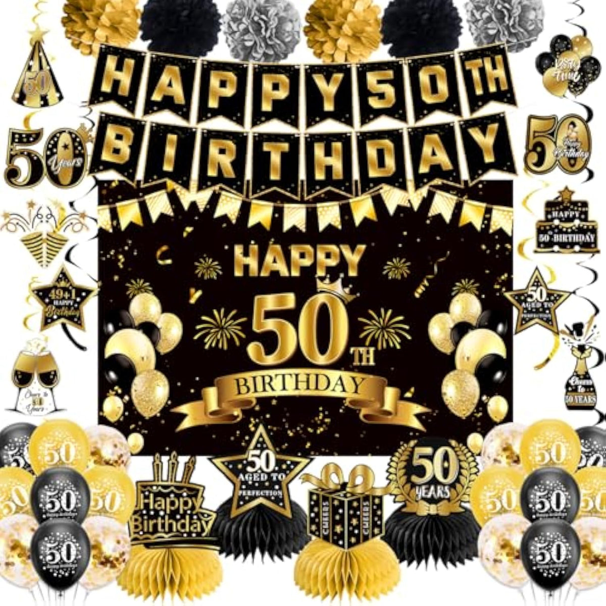 50th Birthday Decorations – Black Gold Banner, Balloons & Party Set