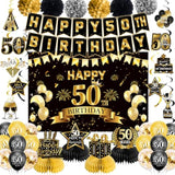 50th Birthday Decorations – Black Gold Banner, Balloons & Party Set
