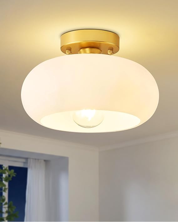 8.66 Inch Gold Milk Glass Ceiling Light Mid Century Modern Semi Flush Mount Fixture
