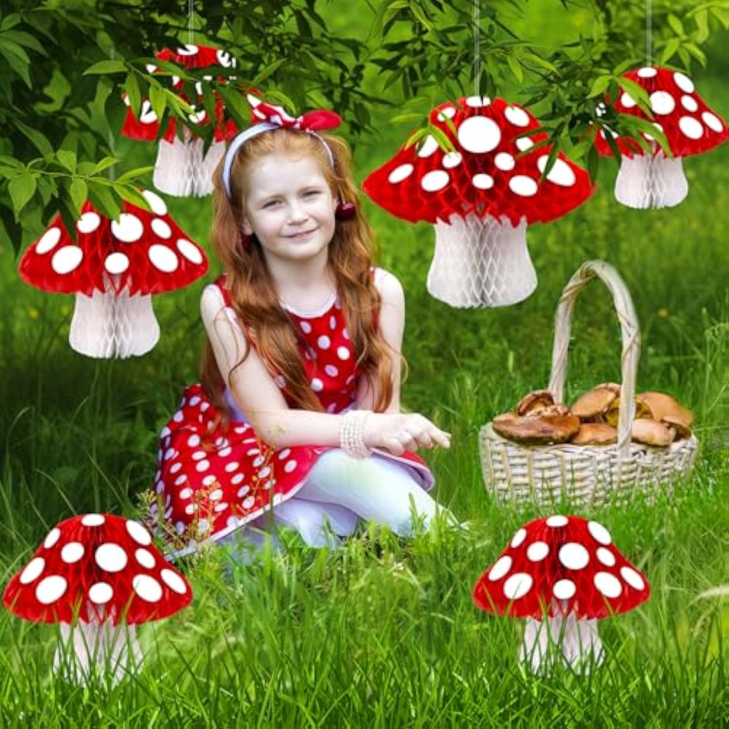 8Pcs Mushroom Honeycomb Decor Mushroom Shaped Tissue Paper Pom Decorations For Jungle Wonderland Themed Birthday Party 3D Mushroom Honeycomb Centerpiece For Fairy Baby Shower Garden Decoration