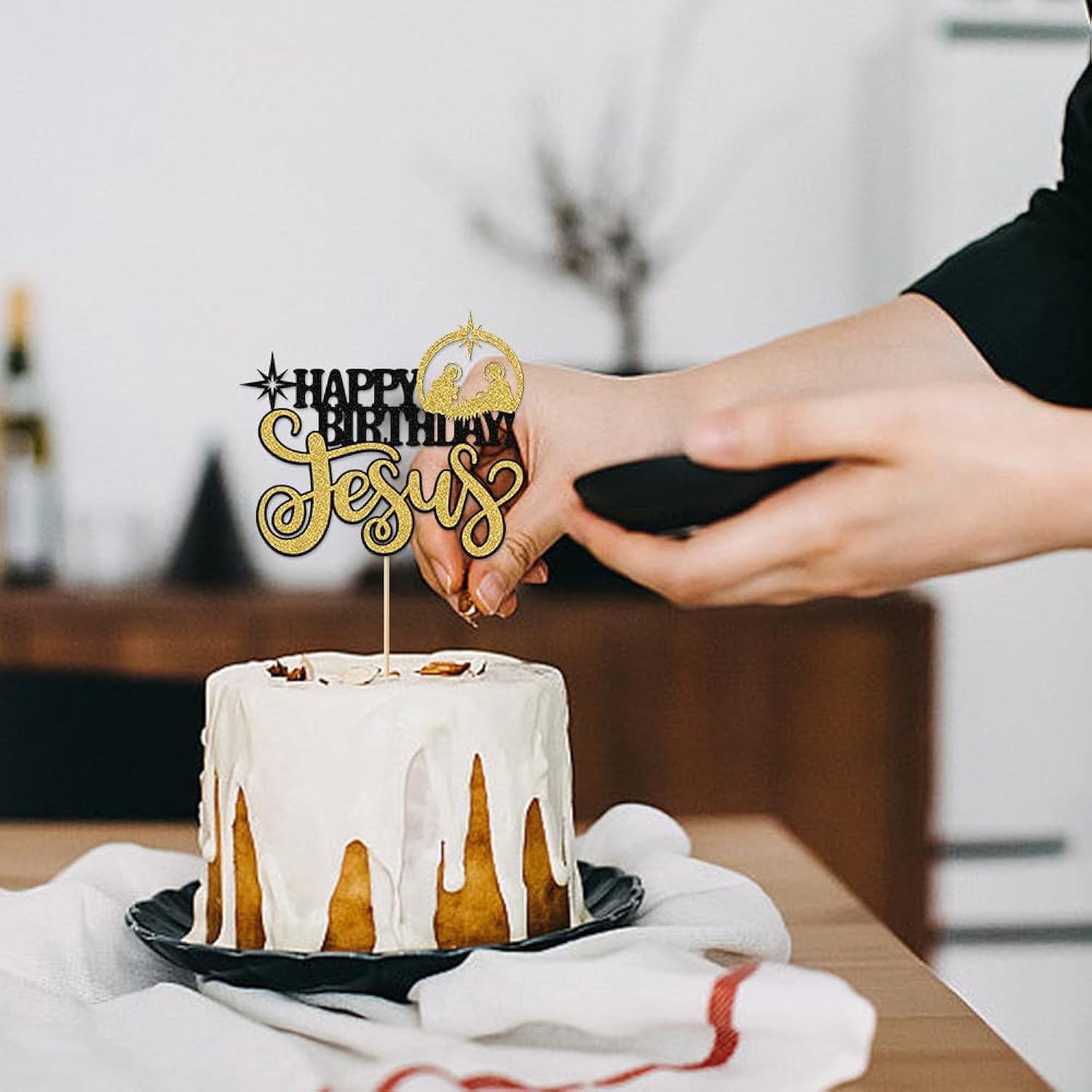 1Pcs Happy Birthday Cake Topper Glitter Black-Gold Jesus Birthday Cake Pick Merry Christmas Cake Decorations For Nativity Scene Christmas Birthday Party Supplies
