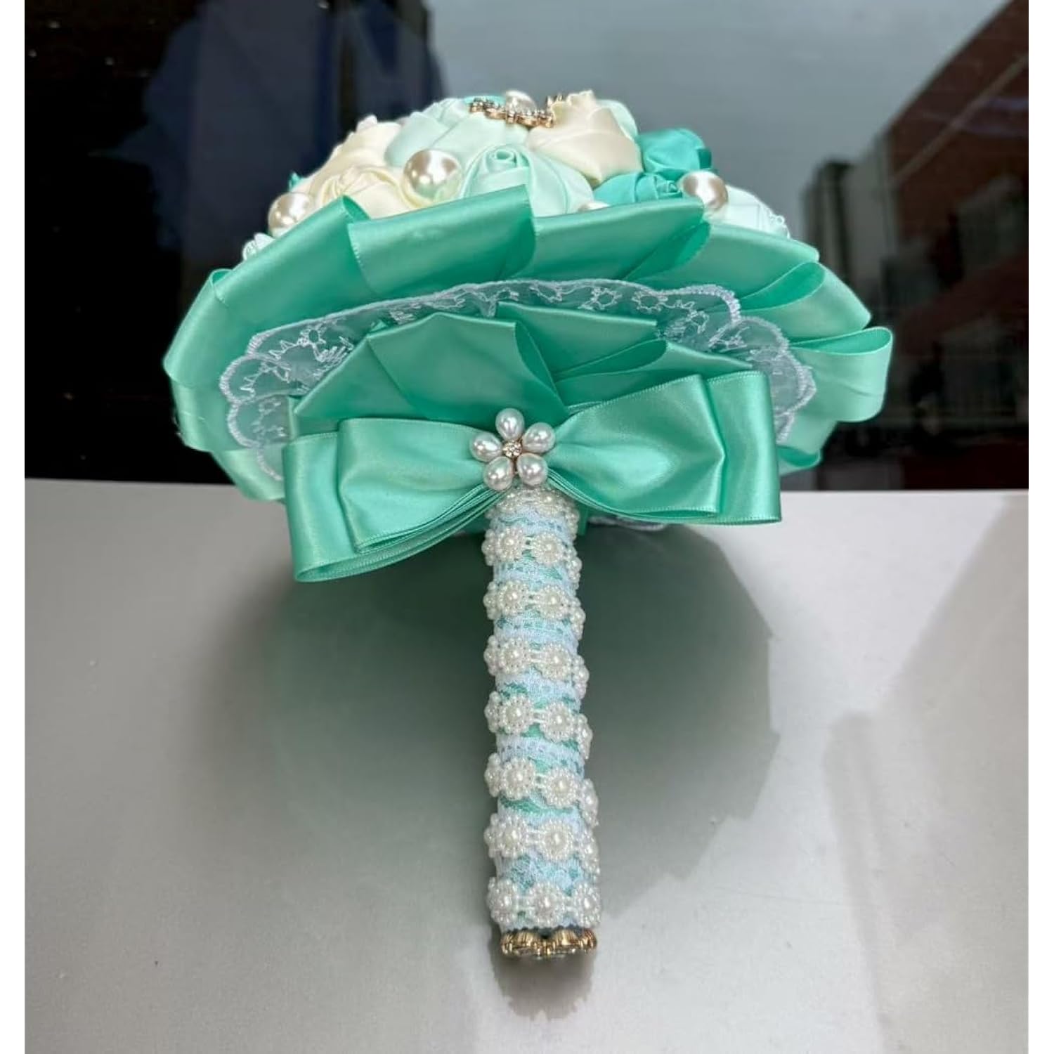 Bridal Wedding Bouquet With Rhinestone Brooch Pearl Bouquet For Bride Bridesmaid Satin Rose Artificial Flower Bouquet Wedding Quinceanera Mint Green And Ivory 8.3In