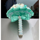 Bridal Wedding Bouquet With Rhinestone Brooch Pearl Bouquet For Bride Bridesmaid Satin Rose Artificial Flower Bouquet Wedding Quinceanera Mint Green And Ivory 8.3In