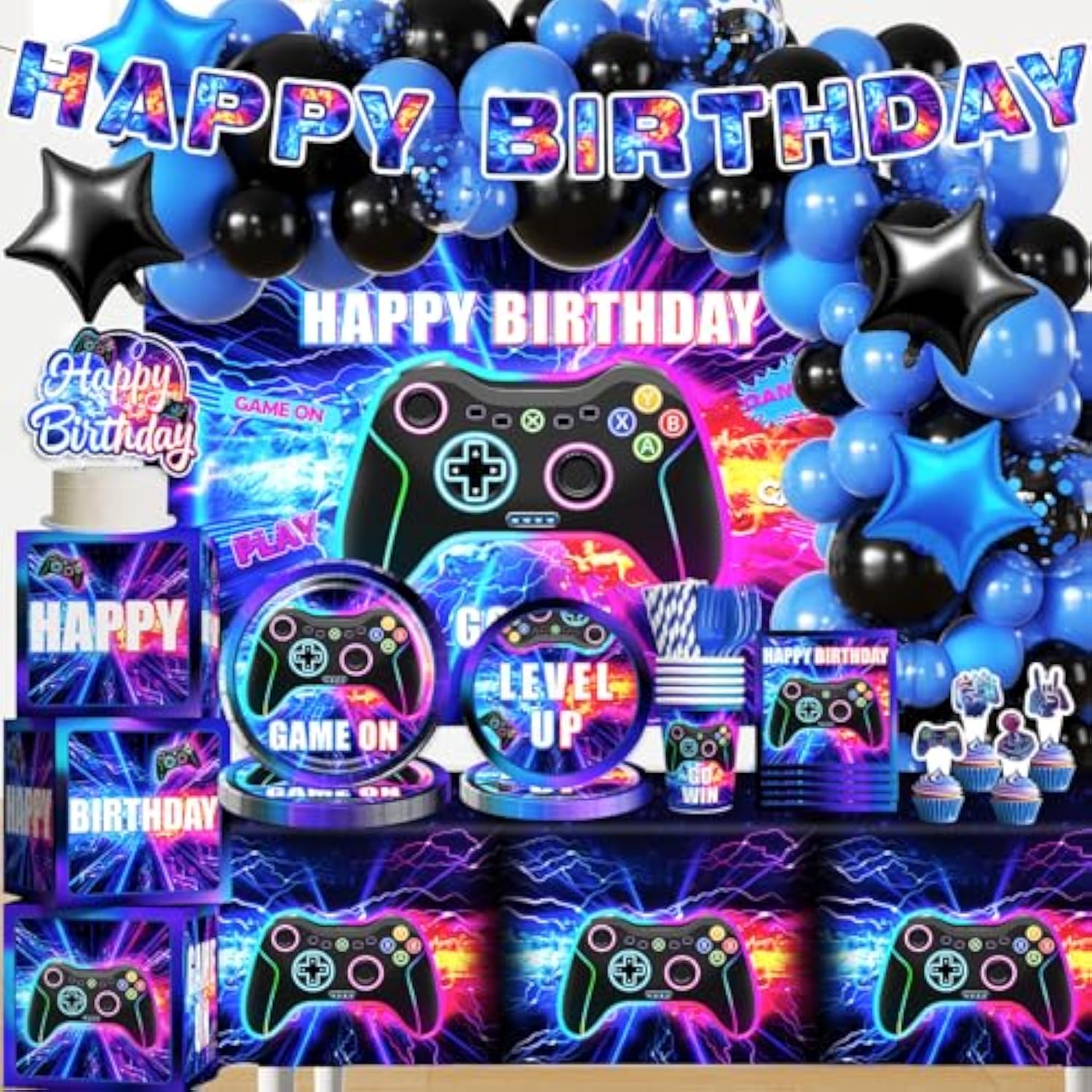 234Pcs Video Game Birthday Decorations, One-Stop Convenient Set Includes Thickened Plates Waterproof Tablecloths And 59 X 39 Inches Backdrop, Suitable For Gamer Birthday Party
