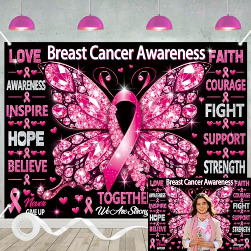 Breast Cancer Awareness Backdrop October Pink Ribbon Butterfly Banner Background Women Breast Cancer Love Hope Faith Charity Event Photo Booth Props 7x5FT