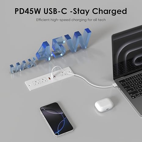 45W USB C Recessed Power Strip for Furniture Desktop Flush Mount 6FT