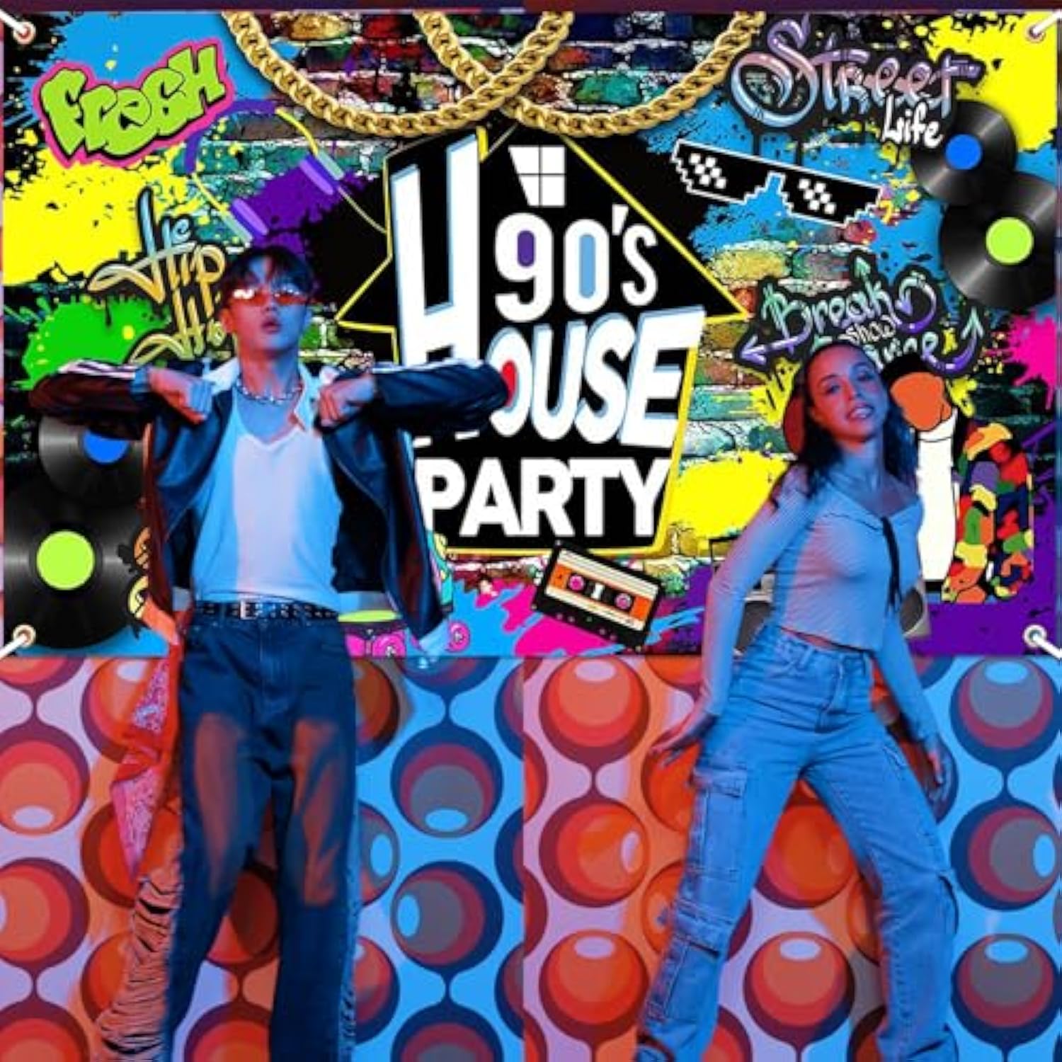90s House Party Backdrop Hip Hop Graffiti Retro Radio Brick Wall Banner (6x3.6ft)