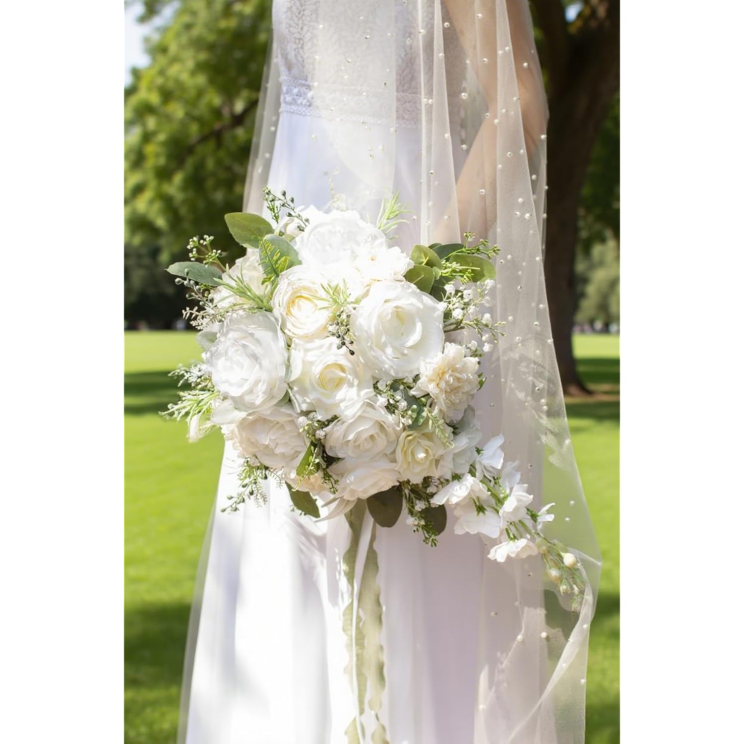 12 Inch Cascade Wedding Bouquets For Bride, Ivory & Champagne Cascading Bridal Bouquet For Wedding Silk Artificial Flowers