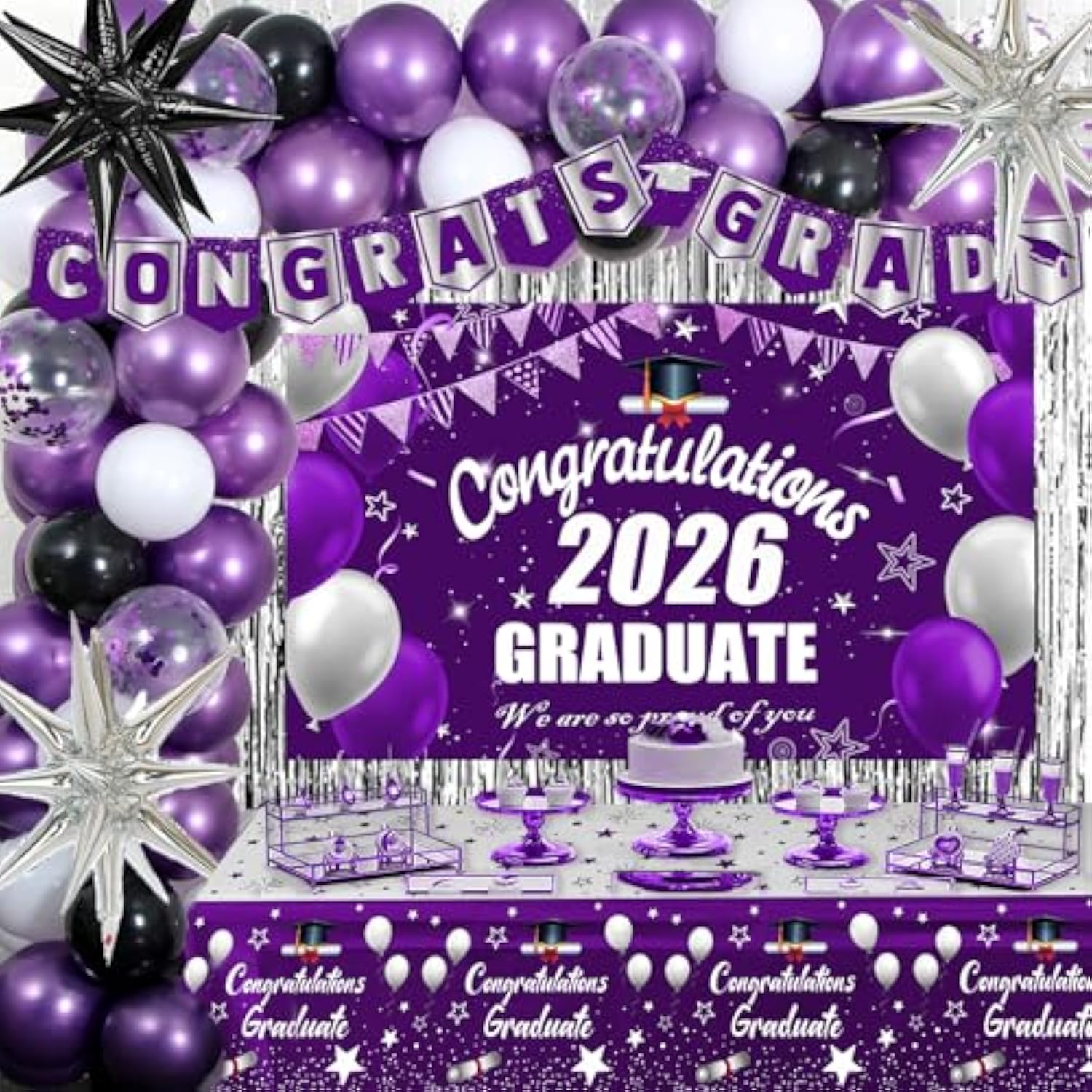 Graduation Decorations 2026, 71 Pcs Purple Themed Set, Graduation Party Decoration With Confetti Foil Balloons, Congrats Grad Banner, Tablecloth Fringe Backdrop