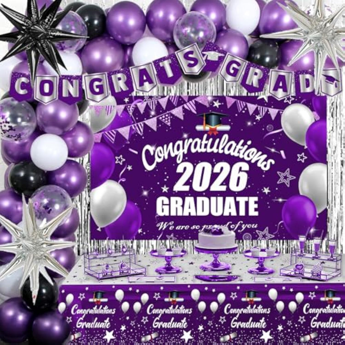 Graduation Decorations 2026, 71 Pcs Purple Themed Set, Graduation Party Decoration With Confetti Foil Balloons, Congrats Grad Banner, Tablecloth Fringe Backdrop