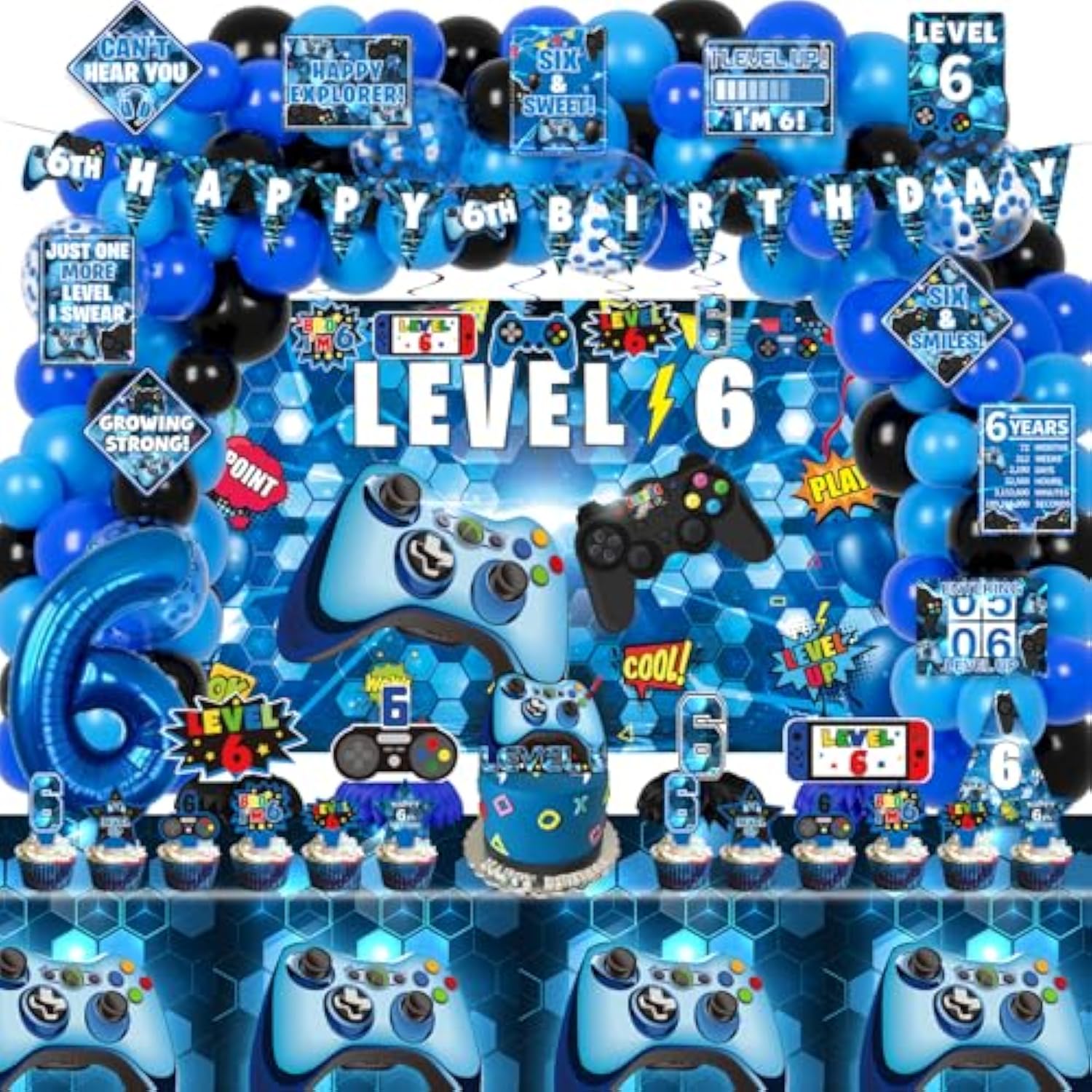 149Pcs 6th Birthday Decorations Video Game Theme for Boys with Banners, Balloons & More