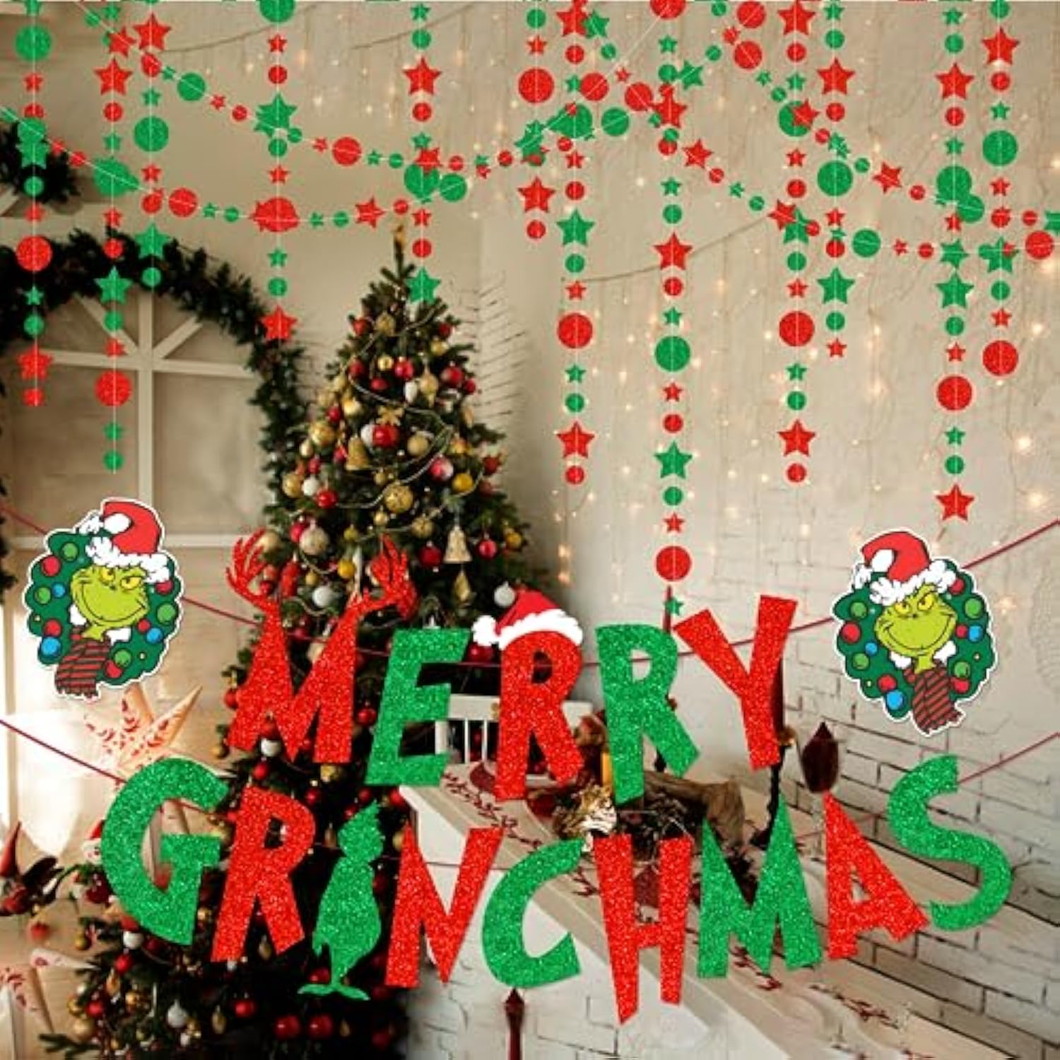 Merry Christmas Banner And Hanging Swirls Green Monster Themed Christmas Party Decorations