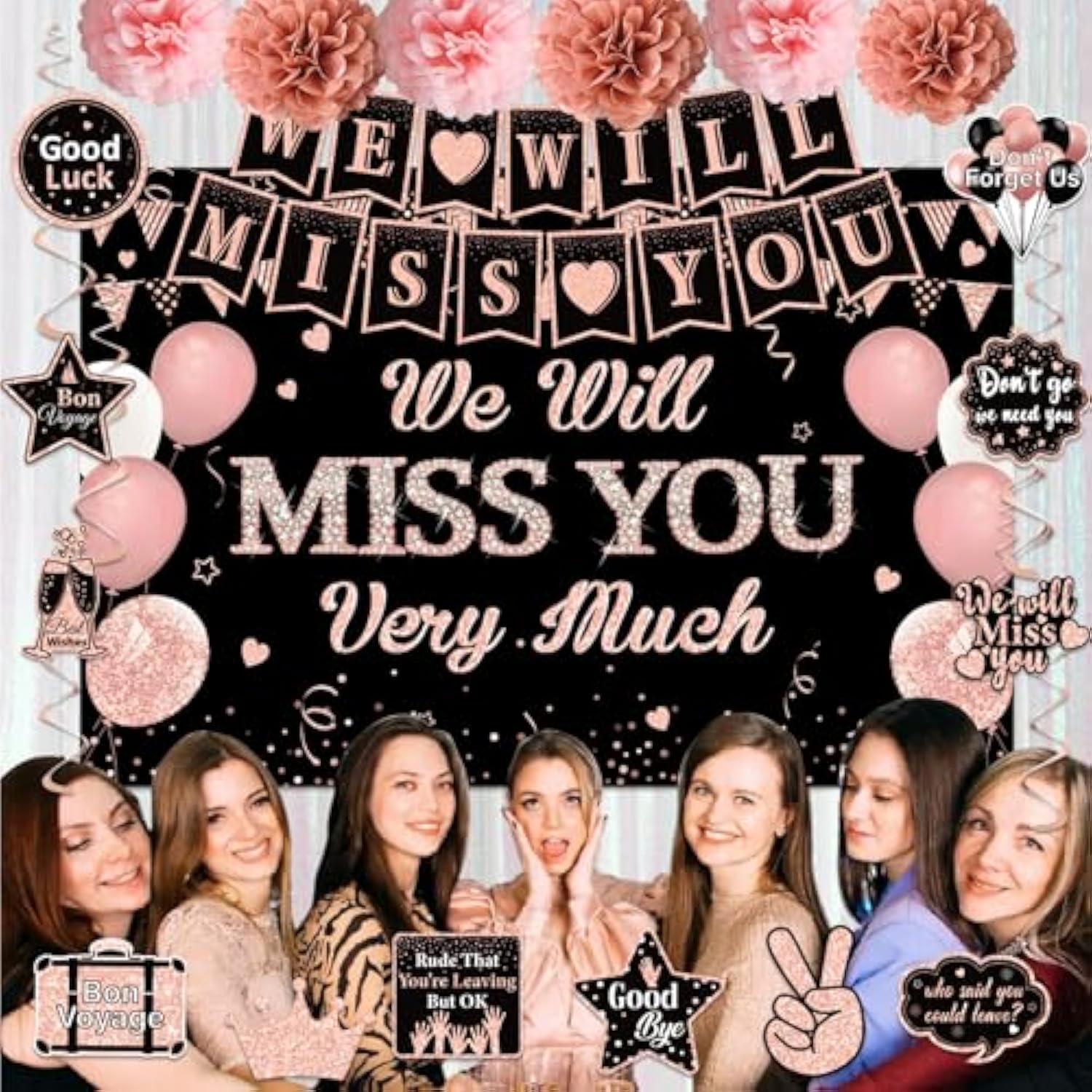 We Will Miss You Party Decorations For Women, Rose Gold 41Pcs Going Away Party Decorations Supplies - Banner Hanging Swirls Decorations Stickers Pompoms, Great For Retirement Job Change Farewell Party