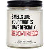 40Th Birthday Gifts For Women – Funny “Your Thirties Have Officially Expired” Buttercream Vanilla Candle, 100% Soy Wax, Handmade Aromatherapy Gift For Wife, Mom, Sister, Friend